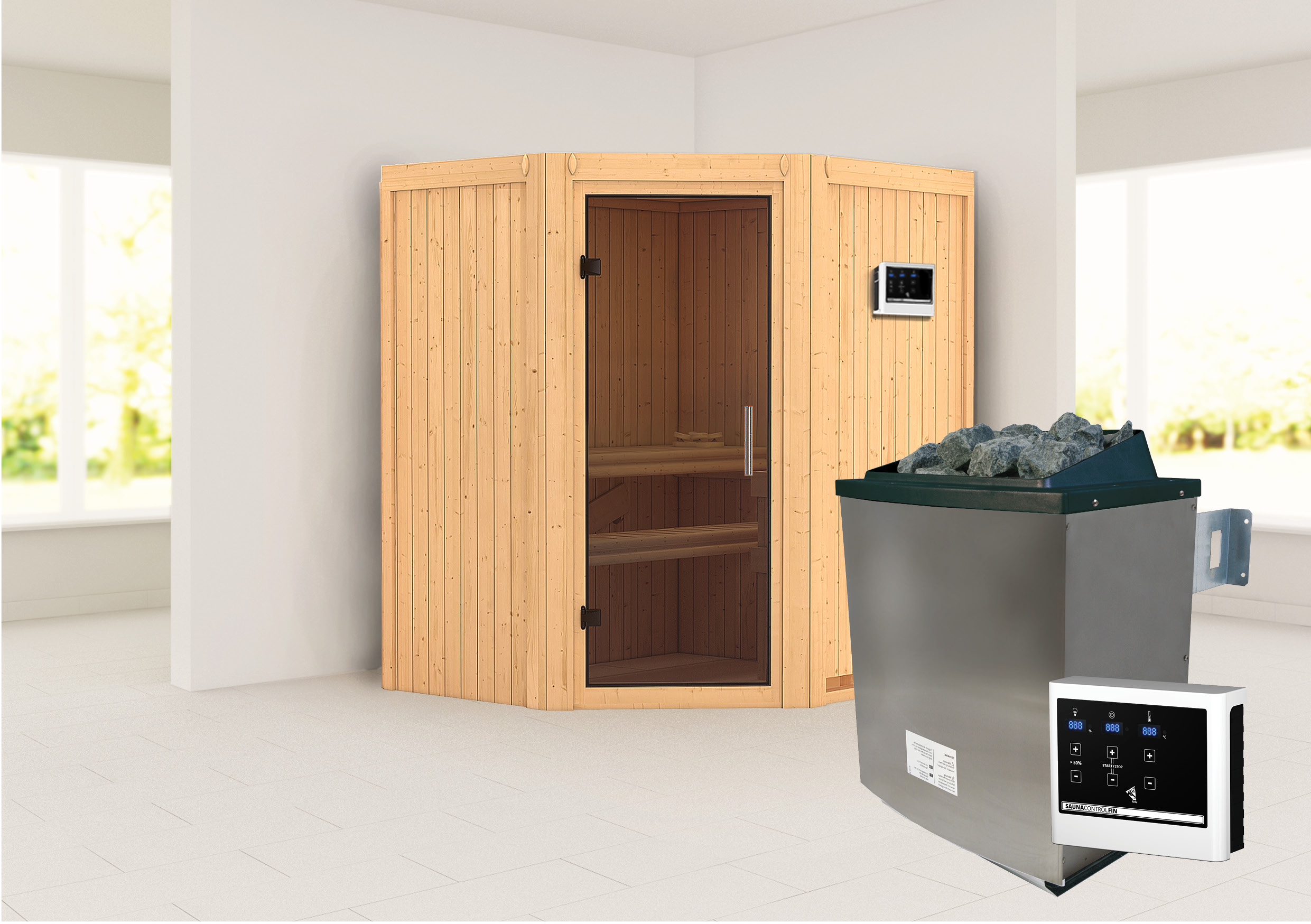 Karibu Sauna ""Liyah" naturbelassen, mit graphitfarbener Tür" Set, in verschiedenen Ausführungen erhältlich, 9 KW Ofen mit externe Strg