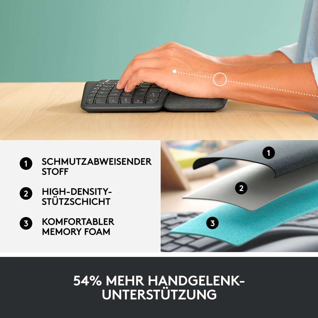 Logitech ergonomische Tastatur »ERGO K860«, (ergonomische Form-Handgelenkauflage-ausklappbare Füße)