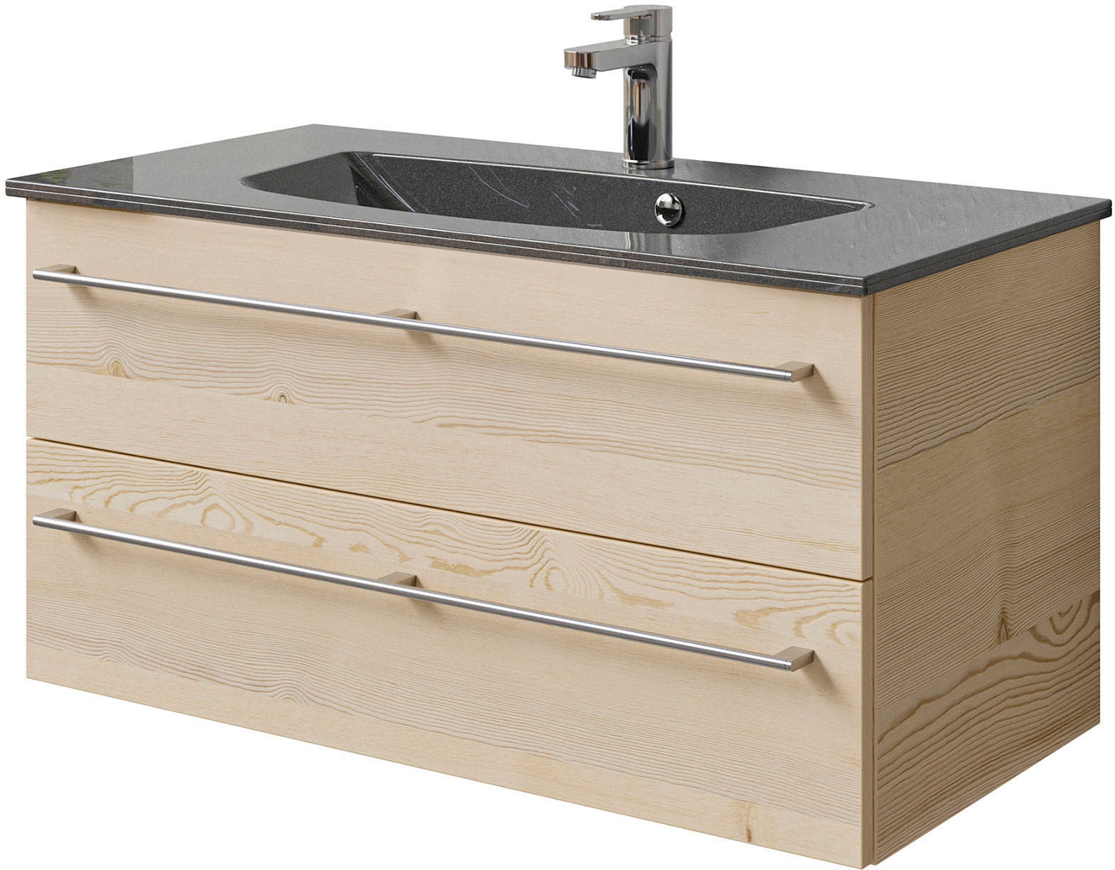 Saphir Badmöbel-Set »Serie 6025 2-teilig Mineralmarmor-Waschtisch mit LED-Spiegelschrank«, (2 St.), Waschplatz 97 cm breit, 2 Schubladen, 3 Spiegel-Türen, inkl Türdämpfer