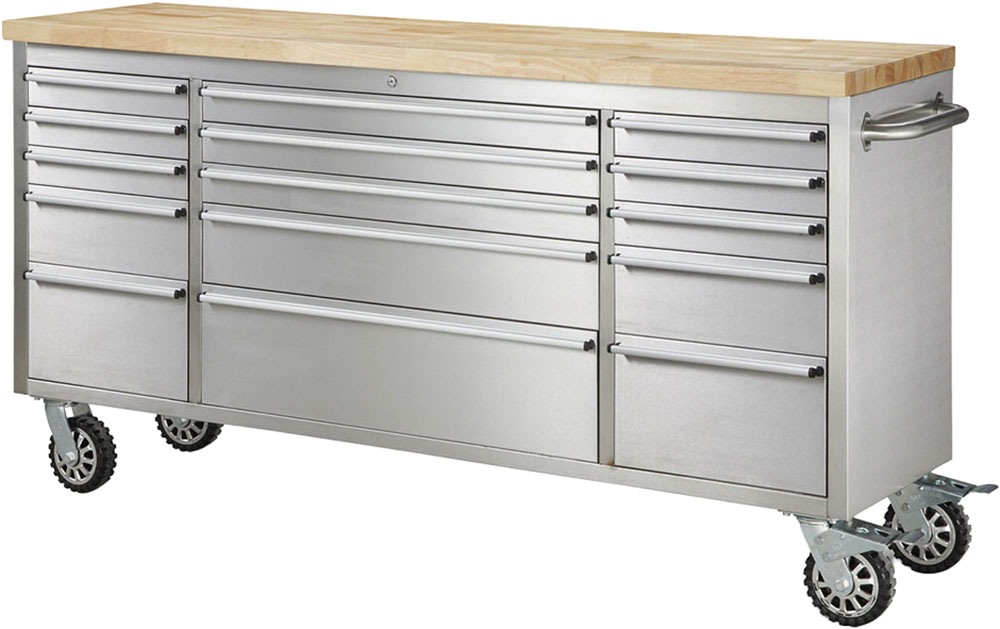 ONDIS24 Werkstattwagen "Werkzeugwagen aus Edelstahl mit 15 Schubladen", B:198cm H:95cm T:49cmsilberfarben, Werkstattwagen, fahrbar, kugelgelagerten