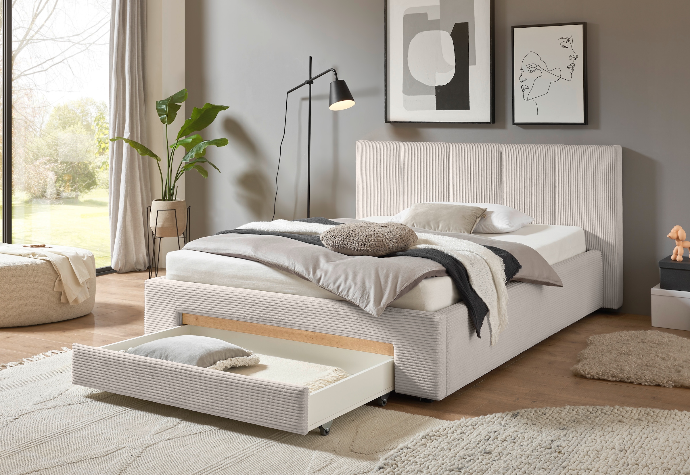 INOSIGN Polsterbett »CiTY/GiRON, Bettgestell mit Bettkasten, gepolstertes Stauraumbett«, mit Hundebett oder Stauraumschublade, Bezug Cord-oder Leinenoptik
