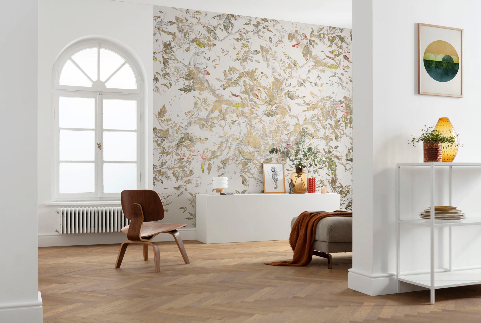 Komar Vliestapete »Digitaldruck Vlies - Golden Feathers - Größe 300 x 280 cm«, bedruckt, Wohnzimmer, Schlafzimmer
