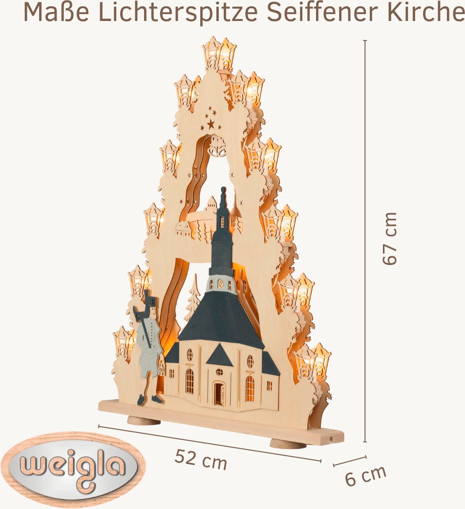 Weigla LED Lichterbogen »Seiffener Kirche, große Lichterspitze aus Holz«, Erzgebirge garantiert, Weihnachtsdeko Innen, Weihnachtsbeleuchtung