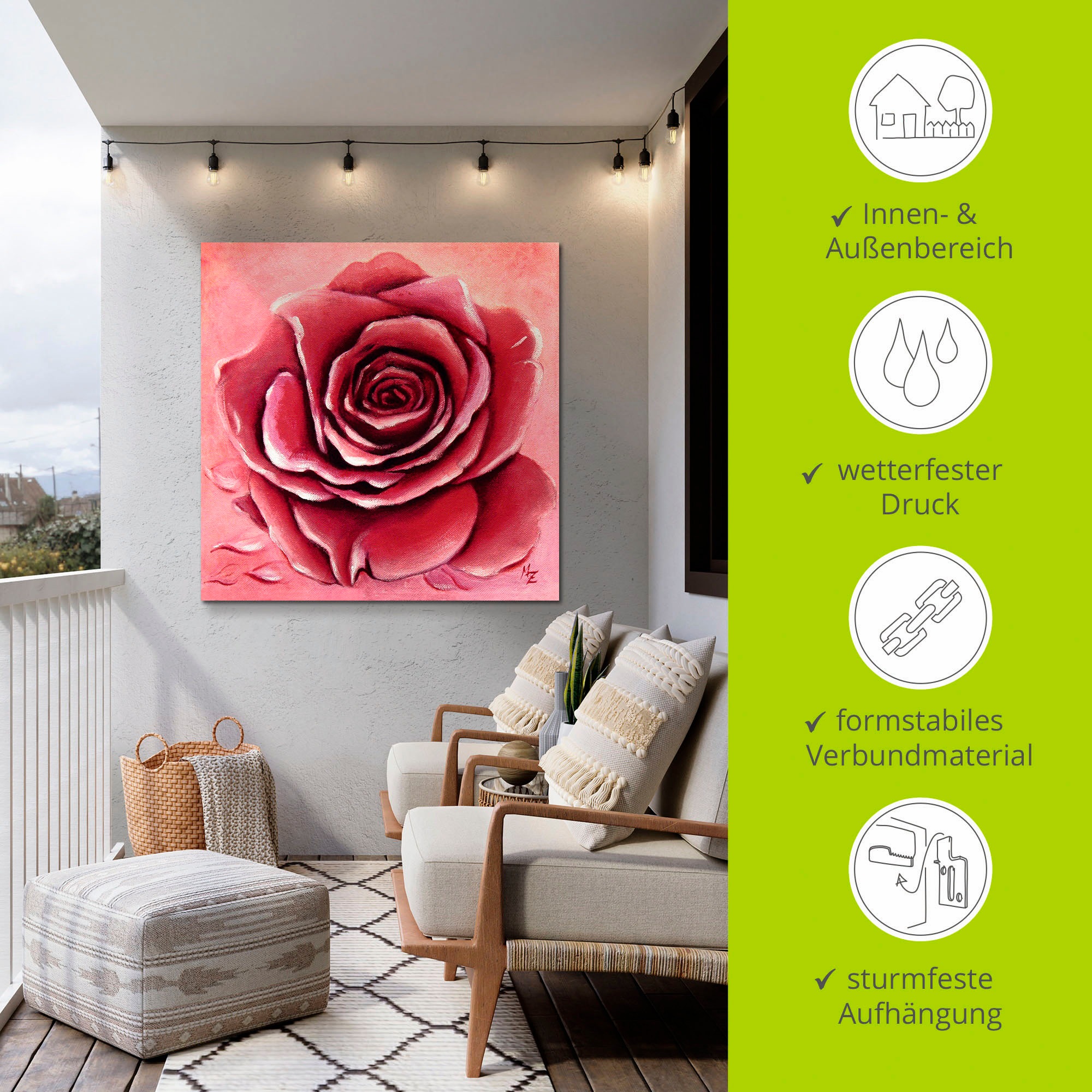 Artland Wandbild »Rote Rose handgemalt«, Blumen, (1 St.), als Alubild, Outdoorbild, Leinwandbild, Wandaufkleber, versch. Größen