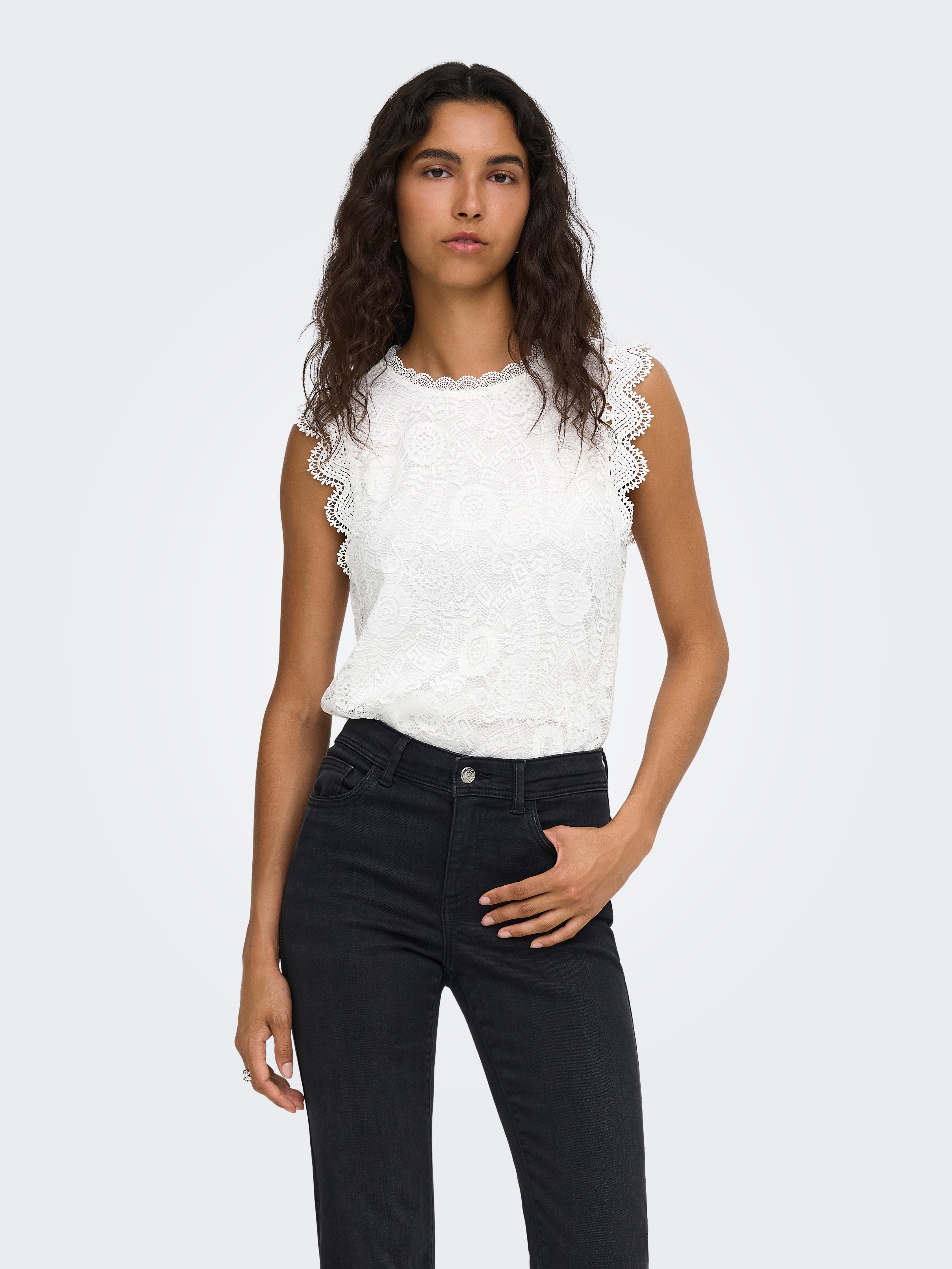ONLY Spitzentop "ONLSINE S/L LACE TOP CS JRS" Materialmix, regular fit, Rundhals