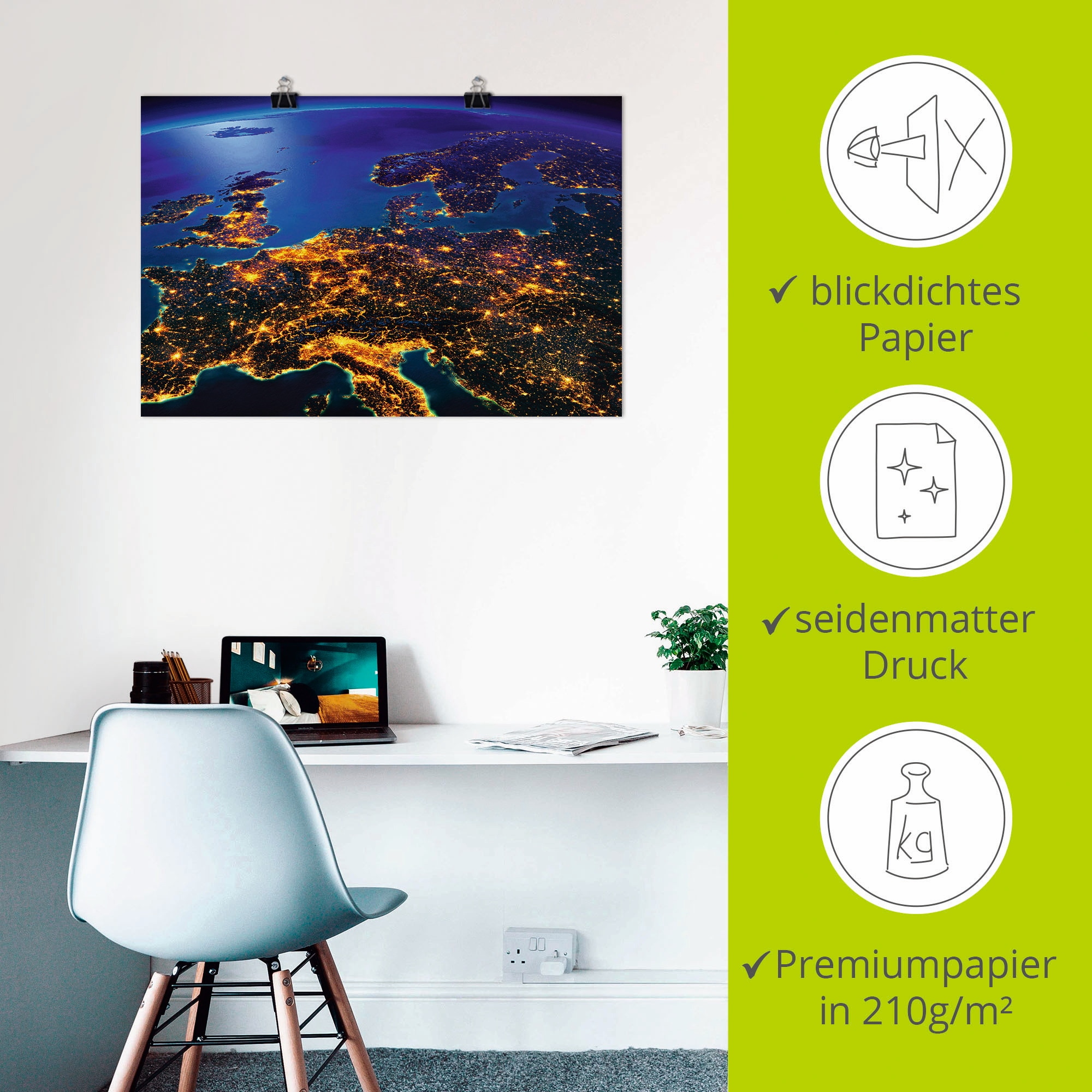 Artland Wandbild »Zentral Europa vom Weltraum«, Weltall & Kosmos, (1 St.), als Alubild, Outdoorbild, Leinwandbild, Poster, Wandaufkleber