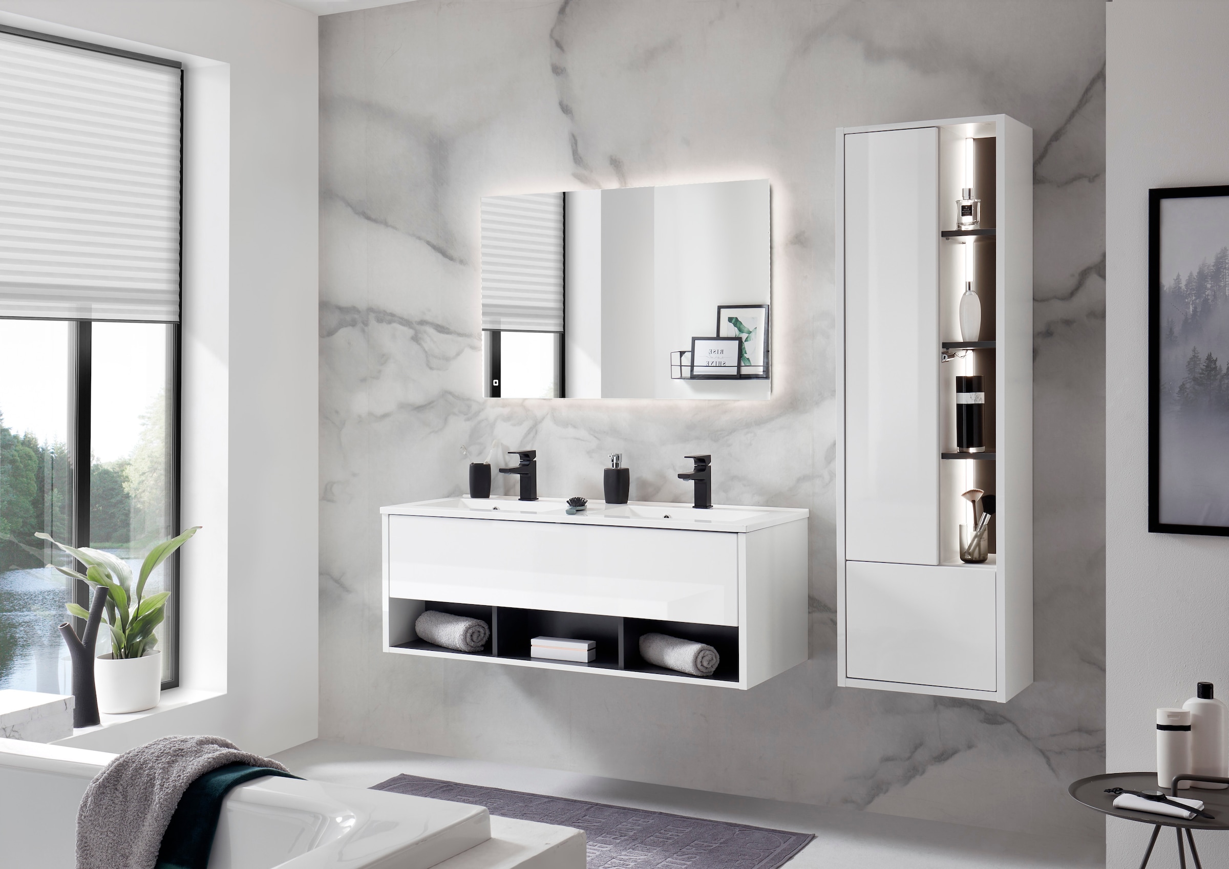 Places of Style Badmöbel-Set »Studio Line, Bad im modernen Design, 3-teiliges Badezimmer«, (3 St.), Schrank, Waschtisch und Spiegel, in zwei Farben verfügbar, Stauraum
