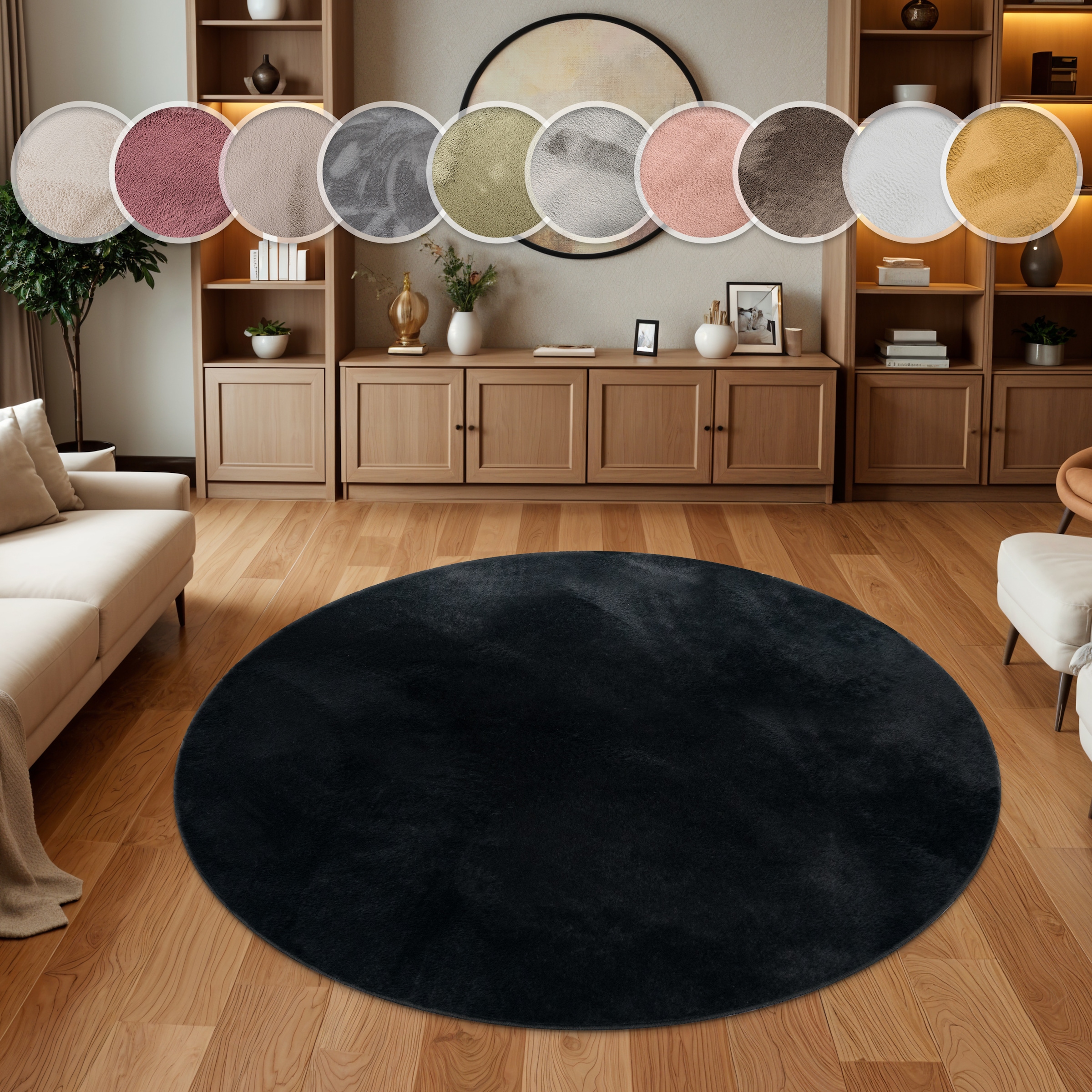 Fellteppich PACO HOME "Kunstfell Soft 380", schwarz, H:14mm Ø:120cm, Polyester, Teppiche, Fellteppich, Langflor, Kuschelteppich - besonders weich, Uni-Farben