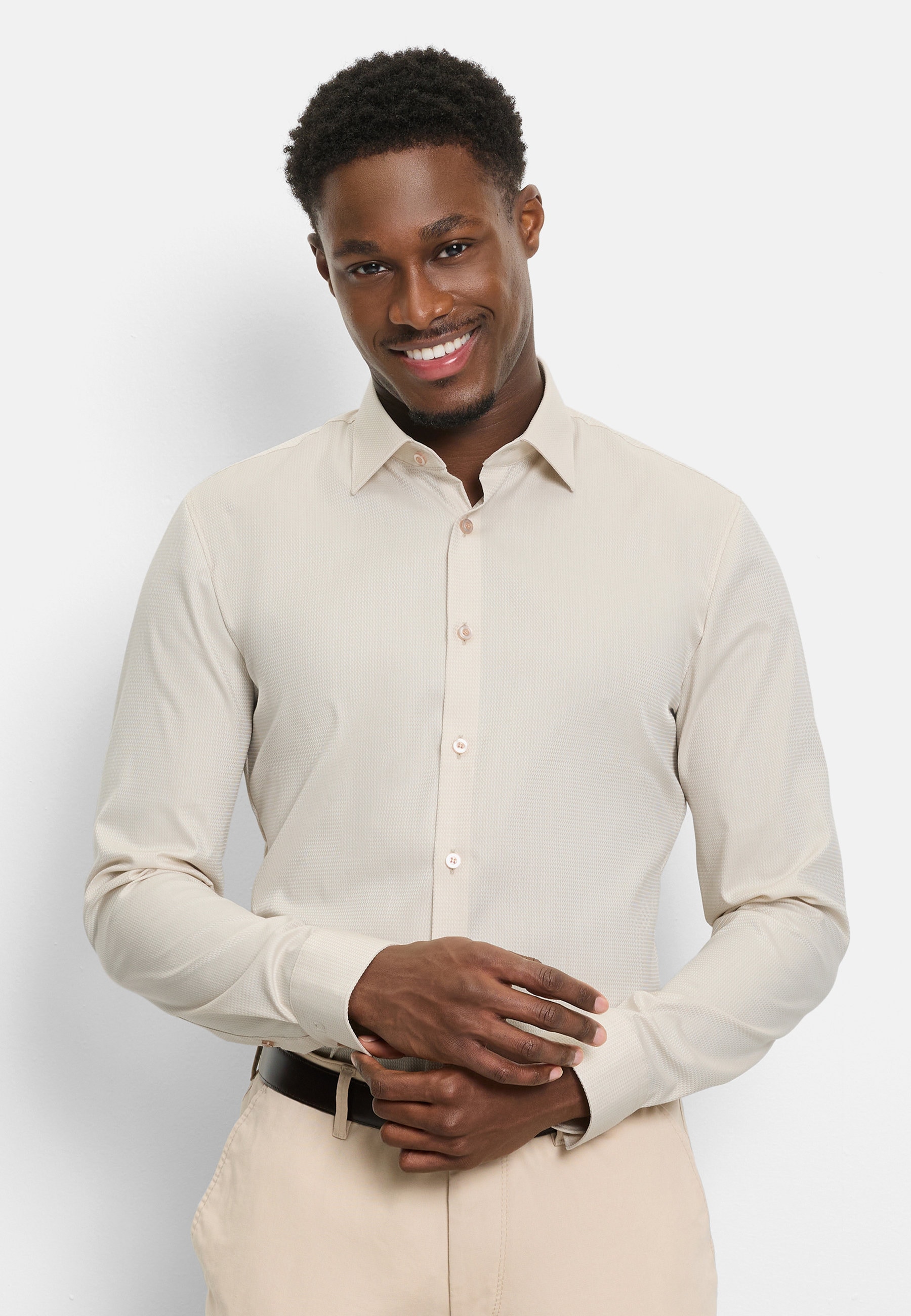 Businesshemd OLYMP "OLYMP No. Six, super slim, Kent", Herren, Gr. 42, Normaler Arm, beige, 97% Baumwolle, 3% Elastolefin, Hemden