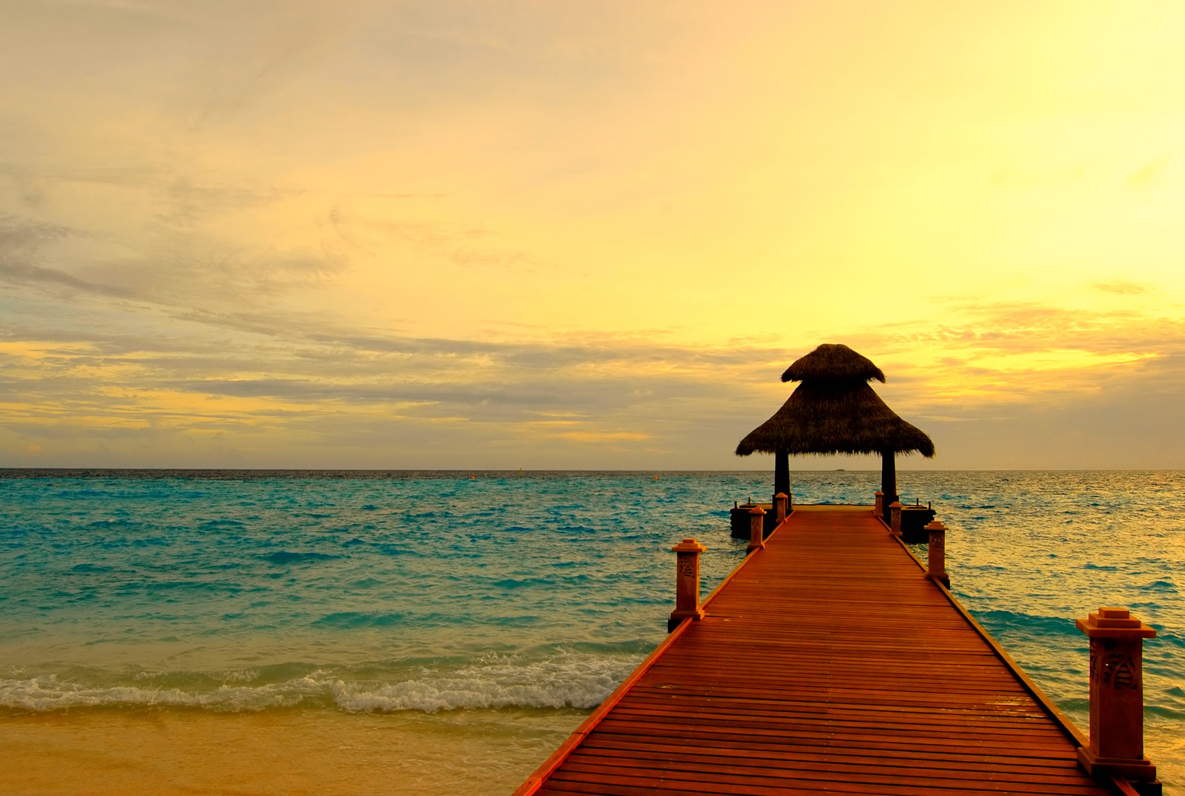 Fototapete PAPERMOON "Jetty in Sunset", bunt, B:4m L:2,6m, Vlies, Tapeten - B/L: 4m x 2,6m, Bahnen: 8 Stk.