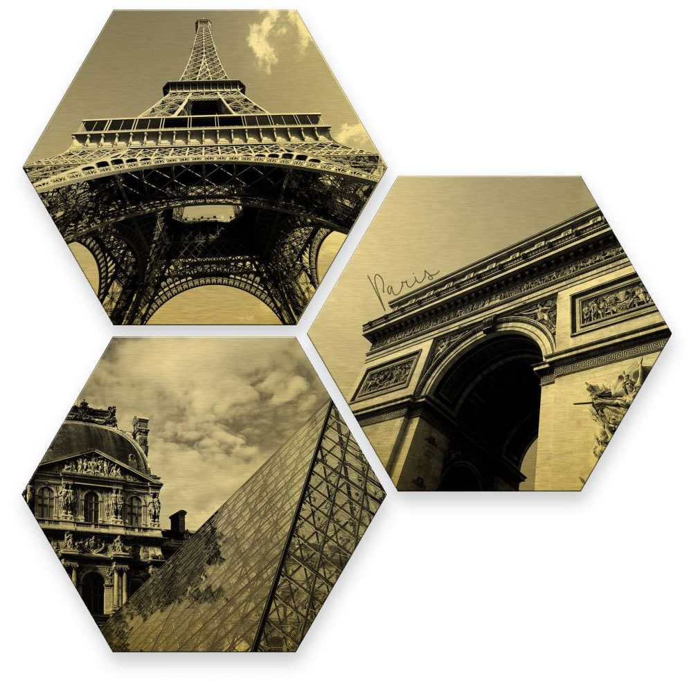 Wall-Art Mehrteilige Bilder »Goldeffekt Paris Collage Stadt«, Landschaften, (Set, 3 St.), Metallschild Collage