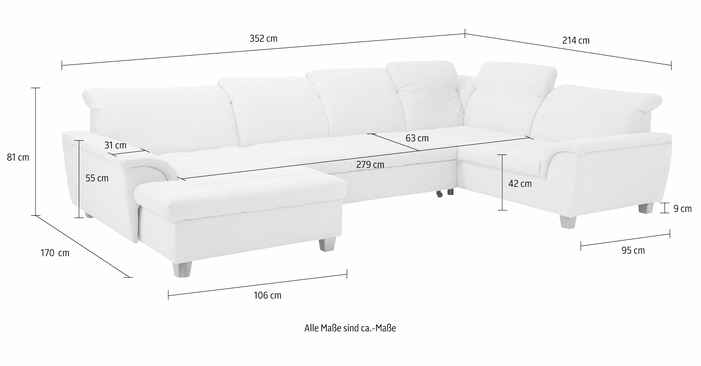 Home affaire Wohnlandschaft »Lyla U-Form«, wahlweise mit Rückenfunktion und zusätzlich mit Bett + Bettkasten