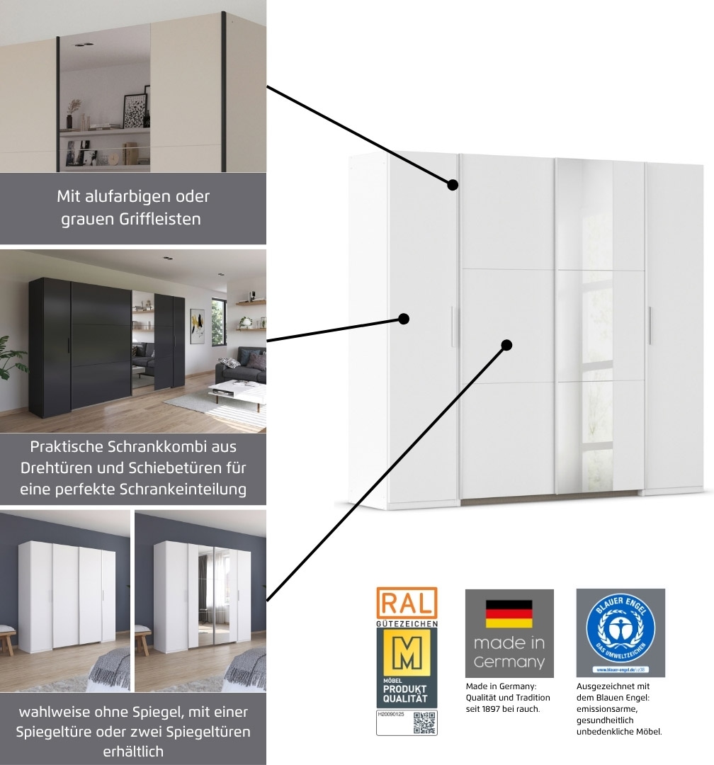 rauch Schwebetürenschrank »Kleiderschrank Drehtürenschrank Schrank Garderobe KRONACH« in 3 Ausstattungen BASIC/CLASSIC/PREMIUM, Breiten 225/268/311/354 cm,  Kombischrank optional mit 1 oder 2 Spiegel viele Böden MADE IN GERMANY