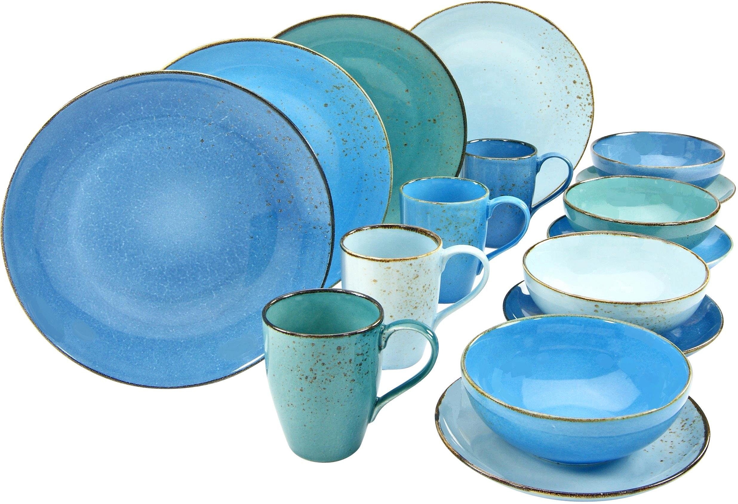 CreaTable Kombiservice »Geschirr-Set NATURE COLLECTION Aqua«, (Set, 16 tlg.,  Kaffeeservice und Tafelservice im Set, für 4 Personen), Service,  Trendaktuelle Blau-Töne, 16 Teile, für 4 Personen | BAUR