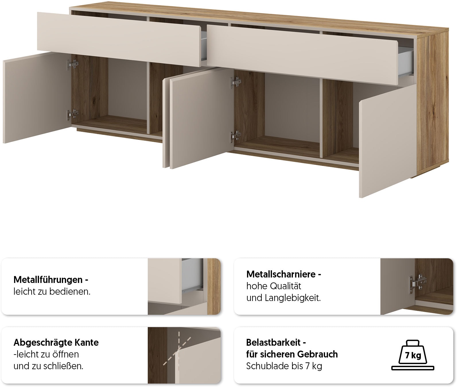 INOSIGN Sideboard »Criss, Breite 200 cm moderne grifflose Kommode 4Türen/4SK« Schubladenkommode mit viel Stauraum, vielseitig einsetzbar