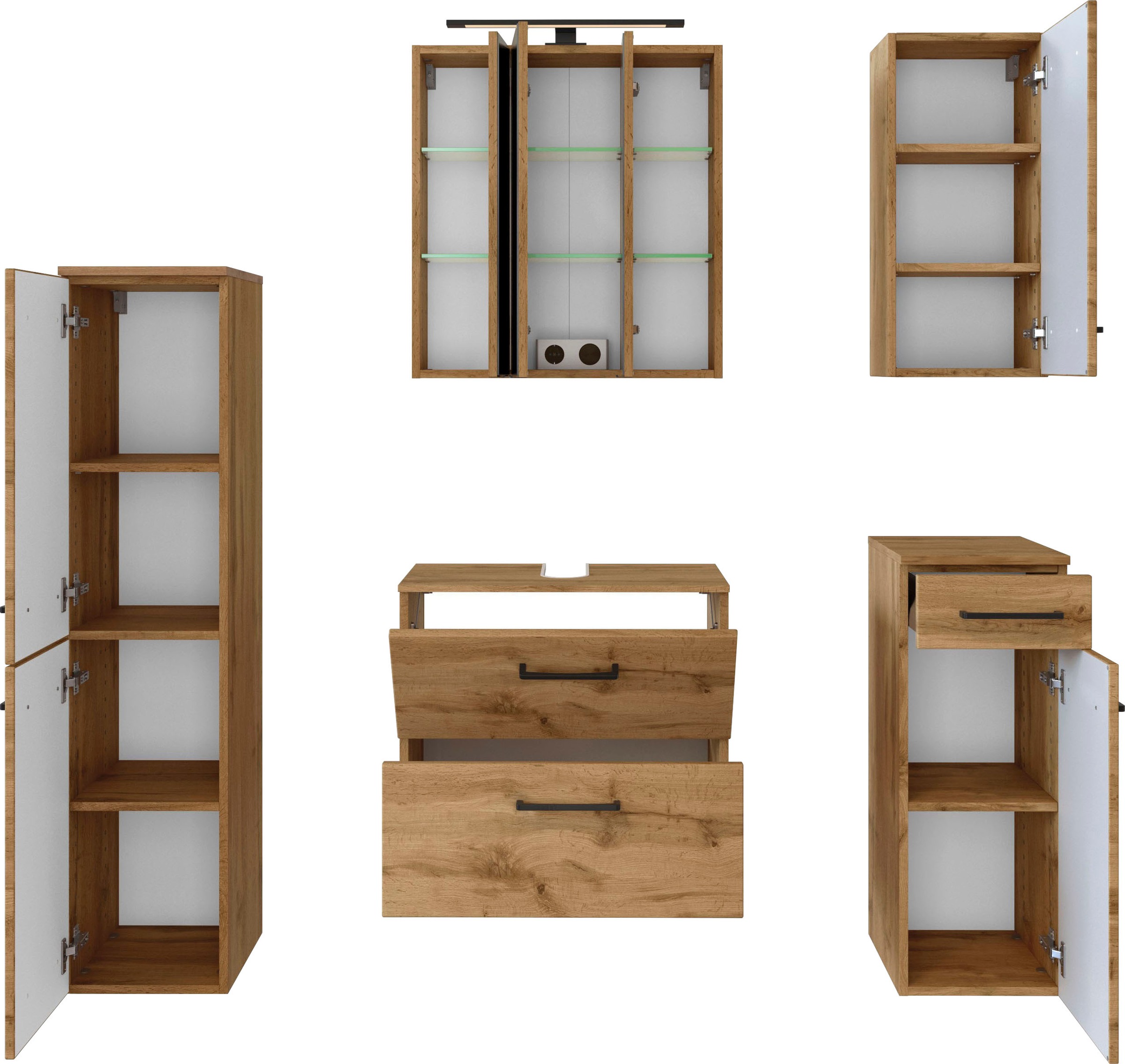 welltime Badmöbel-Set »Chicago«, (5 St., Spiegelschrank, Unterbeckenschrank, Hängeschrank, Unterschrank etc.)
