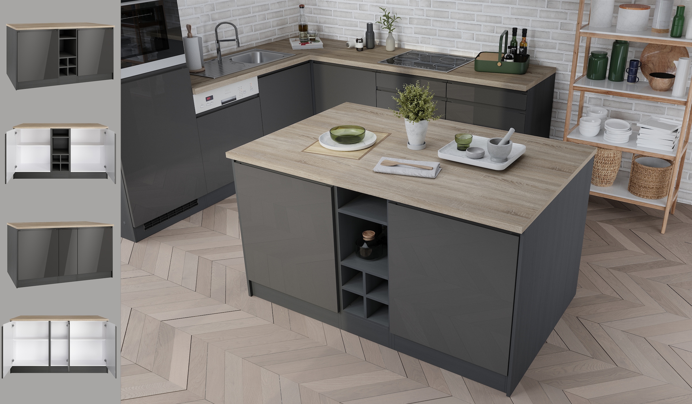 HELD MÖBEL Kücheninsel »Virginia«, Breite 153 cm, MDF-Fronten, Flaschenregal