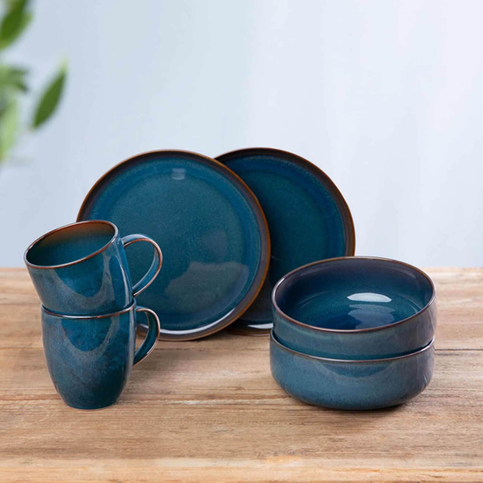 like. by Villeroy & Boch Geschirr-Set »Frühstücks-Set Crafted Denim 6er Set braun-blau« Spülmaschinenfest, Mikrowellensicher
