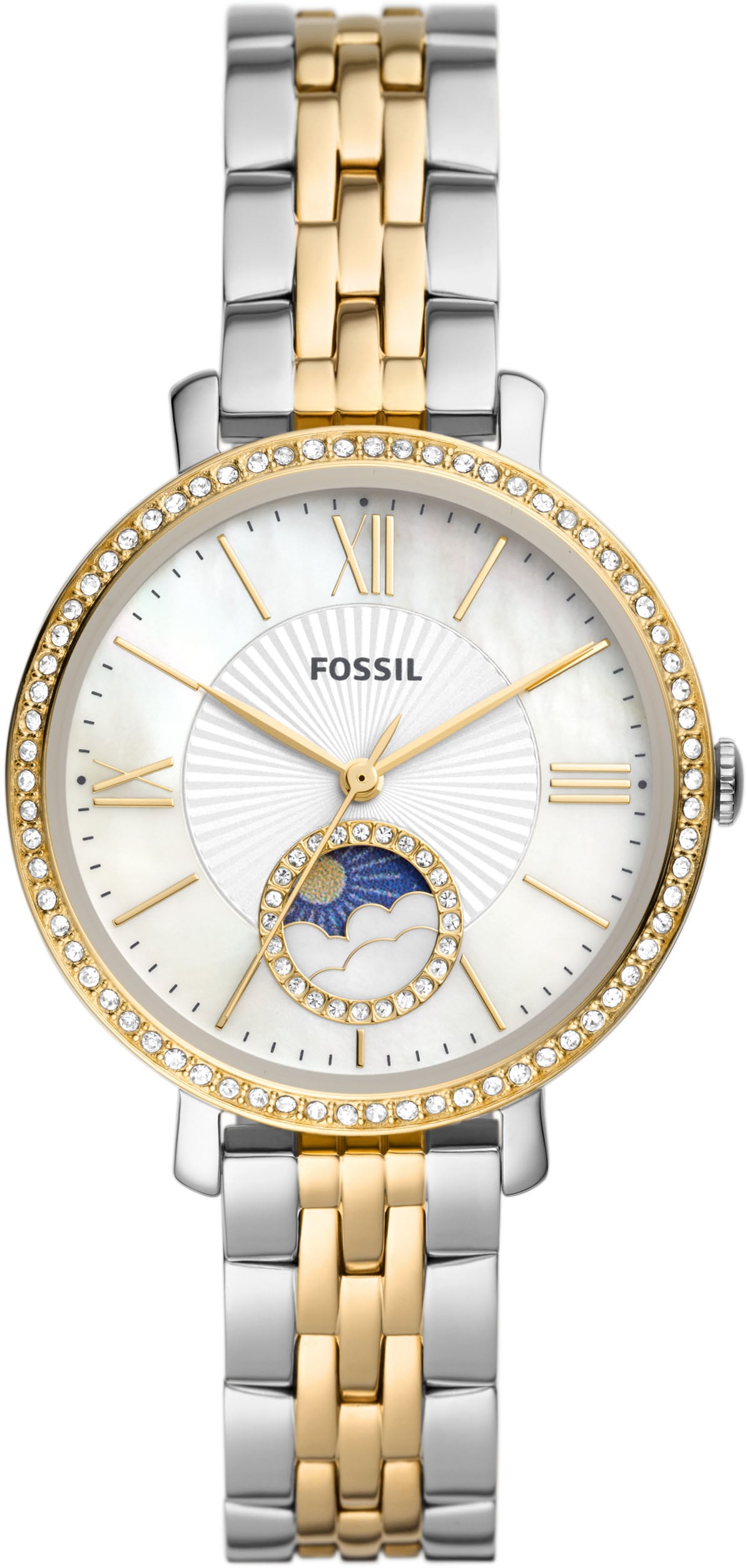 Fossil Quarzuhr »JACQUELINE, ES5166«, Armbanduhr, Damenuhr, mit Mondphase, Perlmutt-Zifferblatt