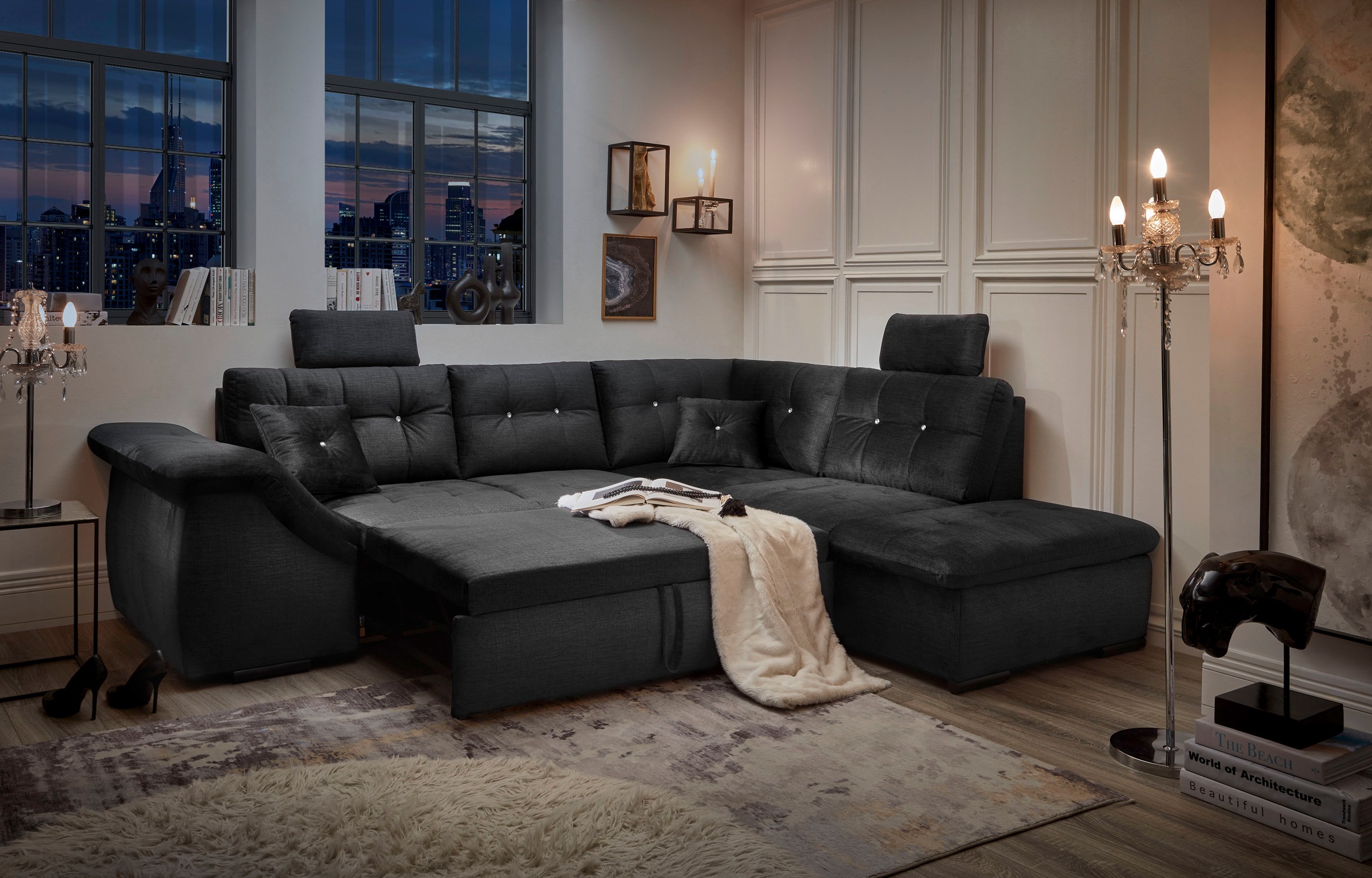 ED EXCITING DESIGN Ecksofa »Bolonia L-Form«, mit Bettfunktion, Bettkasten, Kopfstützen & 2 Zierkissen, Strasstein
