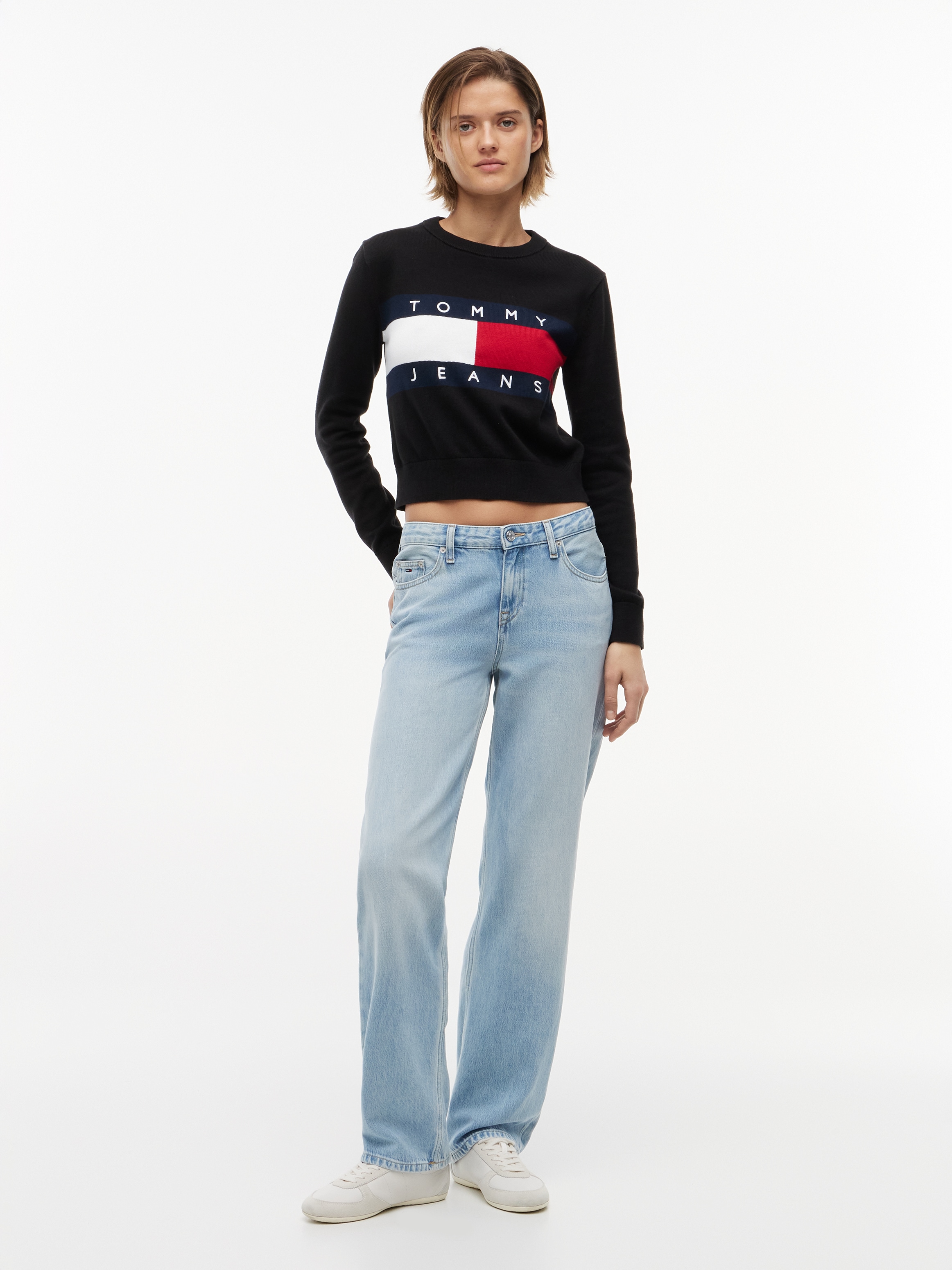 Tommy Jeans Rundhalspullover »TJW FLAG CREW NECK SWEATER EXT« Baumwolle, Flag Strickmuster