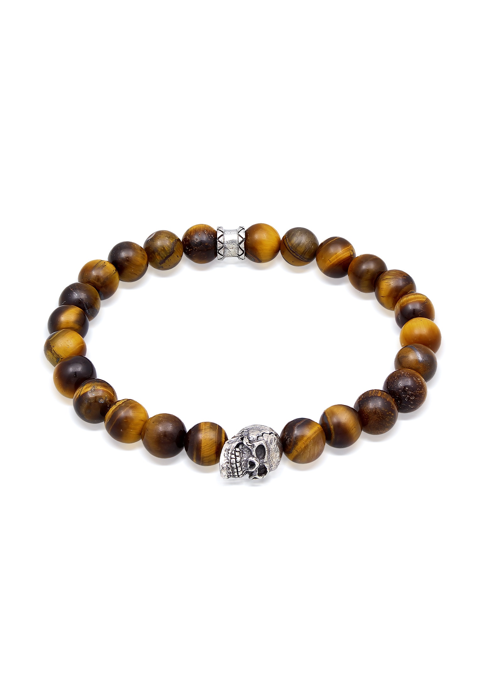 "Armkette KUZZOI ""Armband Tigerauge Totenkopf Bead Steinarmband 925 Silber"" Gr. 210, braun, Armbänder, Herren, 210, Silber 925 (Sterlingsilber)