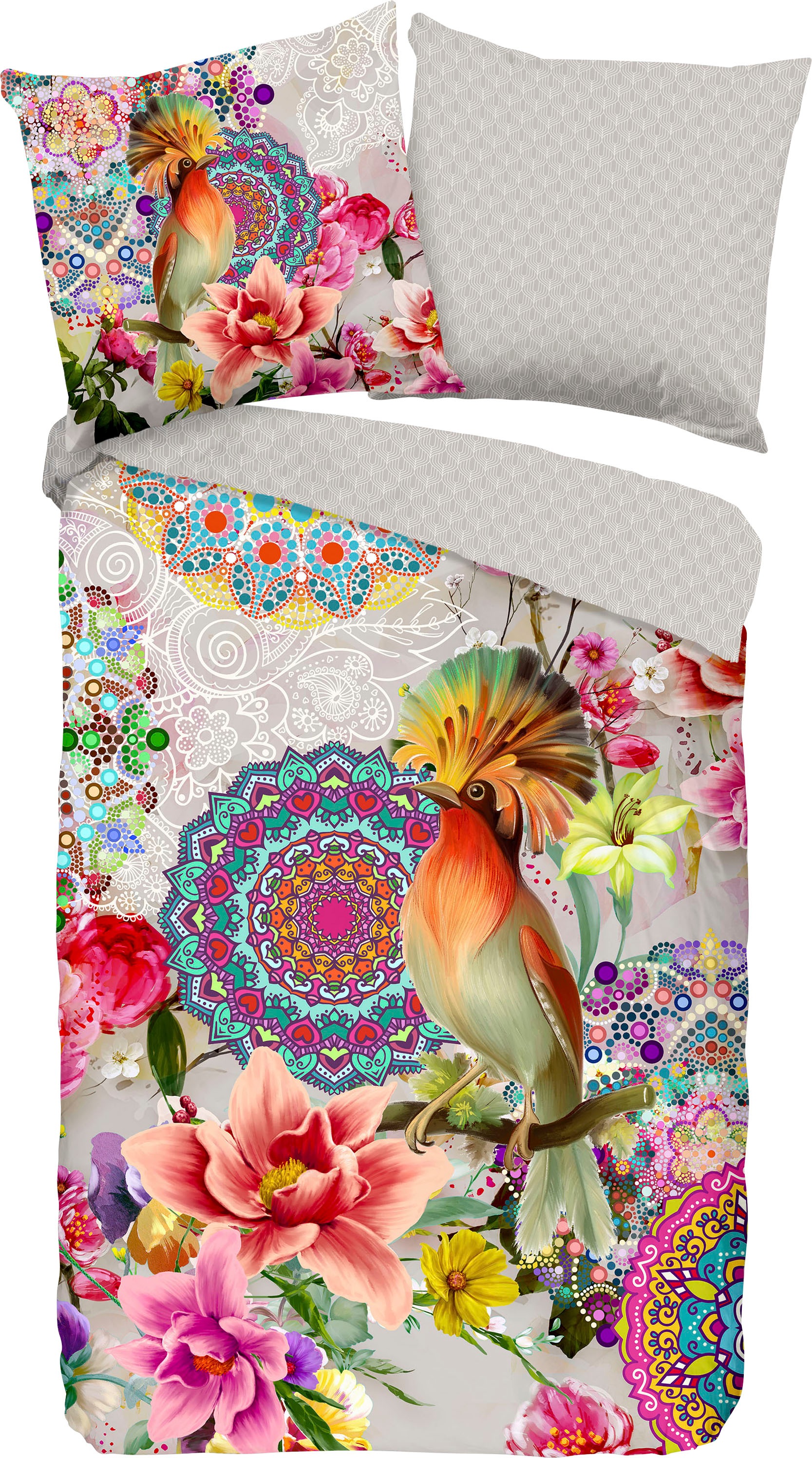hip Wendebettwäsche »Bindi«, Mako-Satin, 135x200, Reißverschluss, Wendeoptik, Mandala, Vogel, Grau