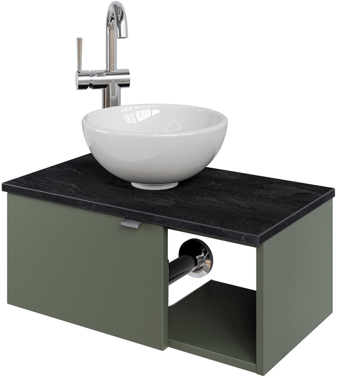Saphir Waschtisch »Serie 6915 Waschschale mit Unterschrank für Gästebad, Gäste WC« Keramik-Aufsatzbecken, Waschtischplatte, Waschtischunterschrank, 3 Stk. tlg. 61 cm mit Keramik-Aufsatzbecken, 1 Tür und 1 Fach