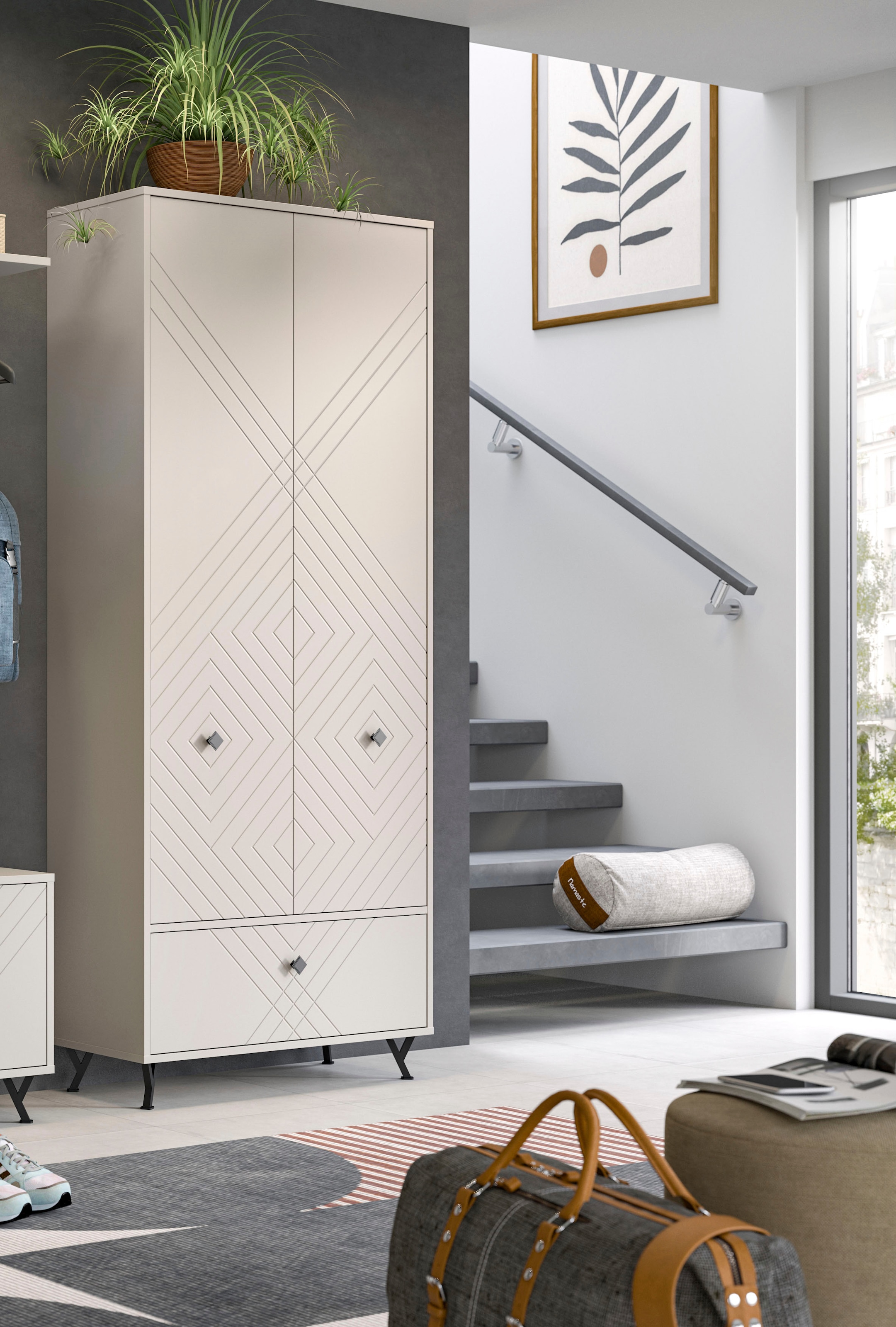 INOSIGN Garderobenschrank »Mento, Höhe 190cm, 2 Türen, 1 Klappe, 4 Einlegeböden, 6 Fächer«, Metall Knopfgriffe & Y-Füße, Front mit Ornamentfräsung, Kleiderschrank