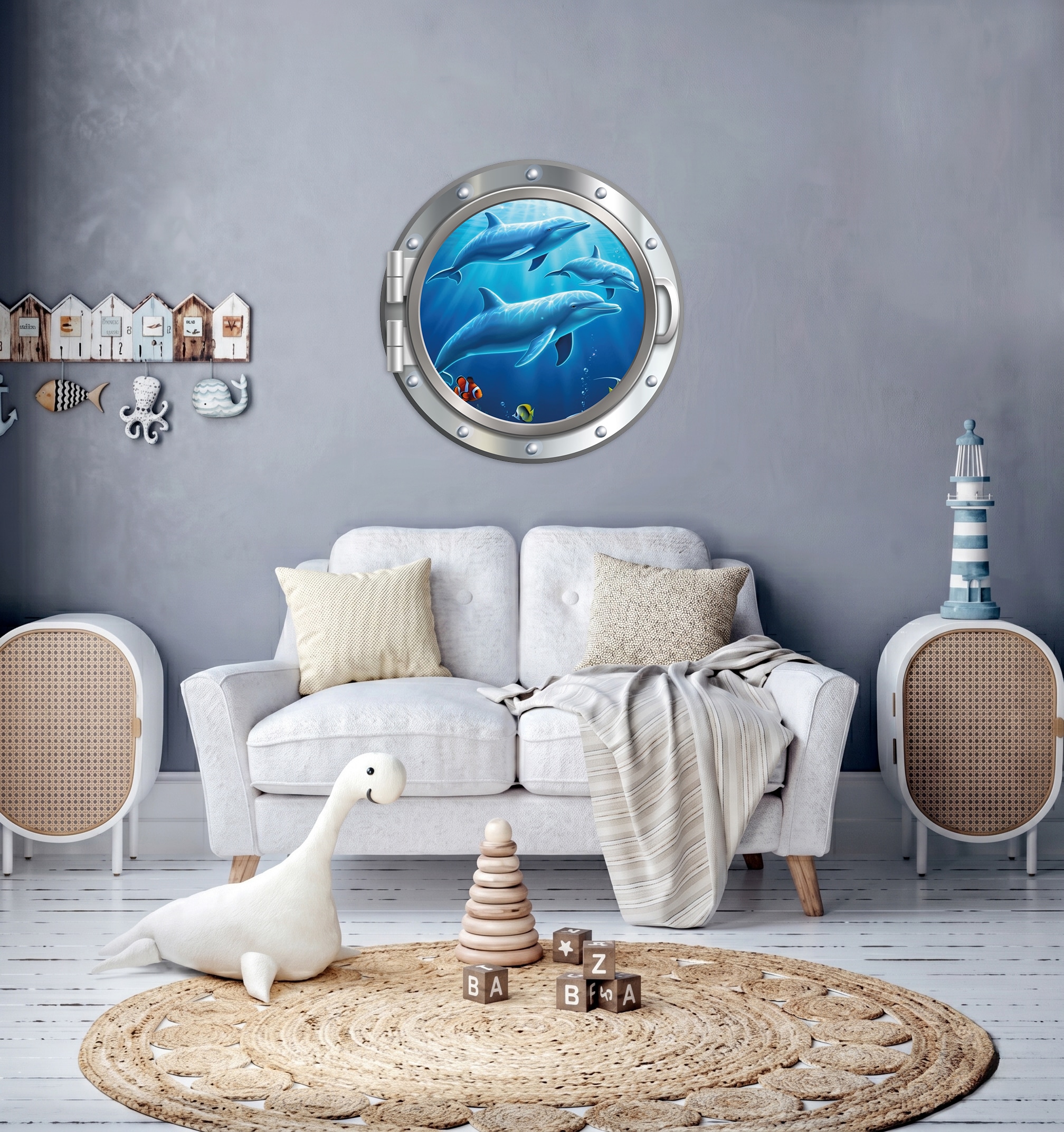 queence Wandsticker "3D Bullauge Illusion Unterwasserwelt Delfine 40x40 cm" Selbstklebender Wanddurchbruch Unterwasser