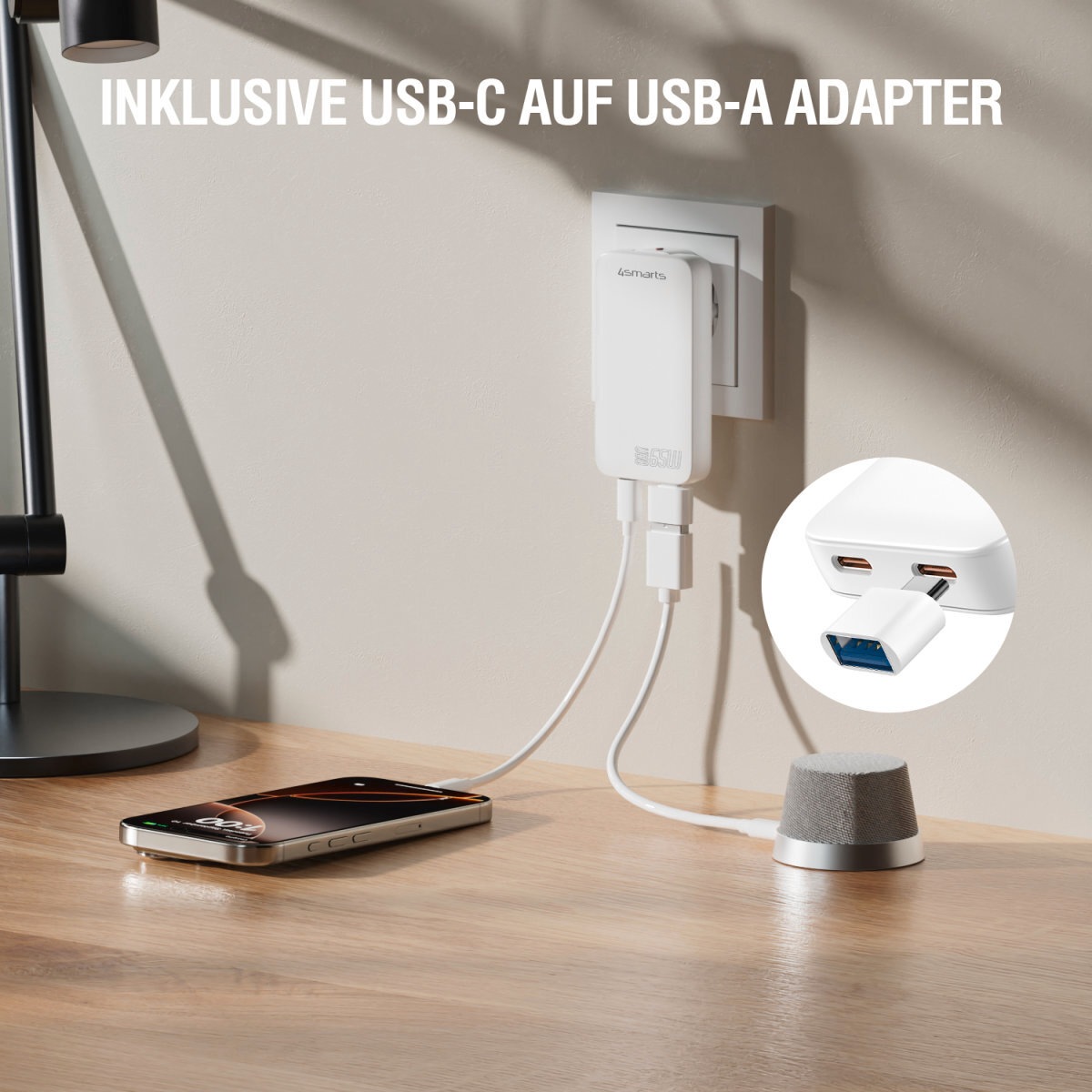 4smarts USB-Ladegerät »FlatPlug Slim Dual 65W GaN 2x USB-C«, extrem flaches Design