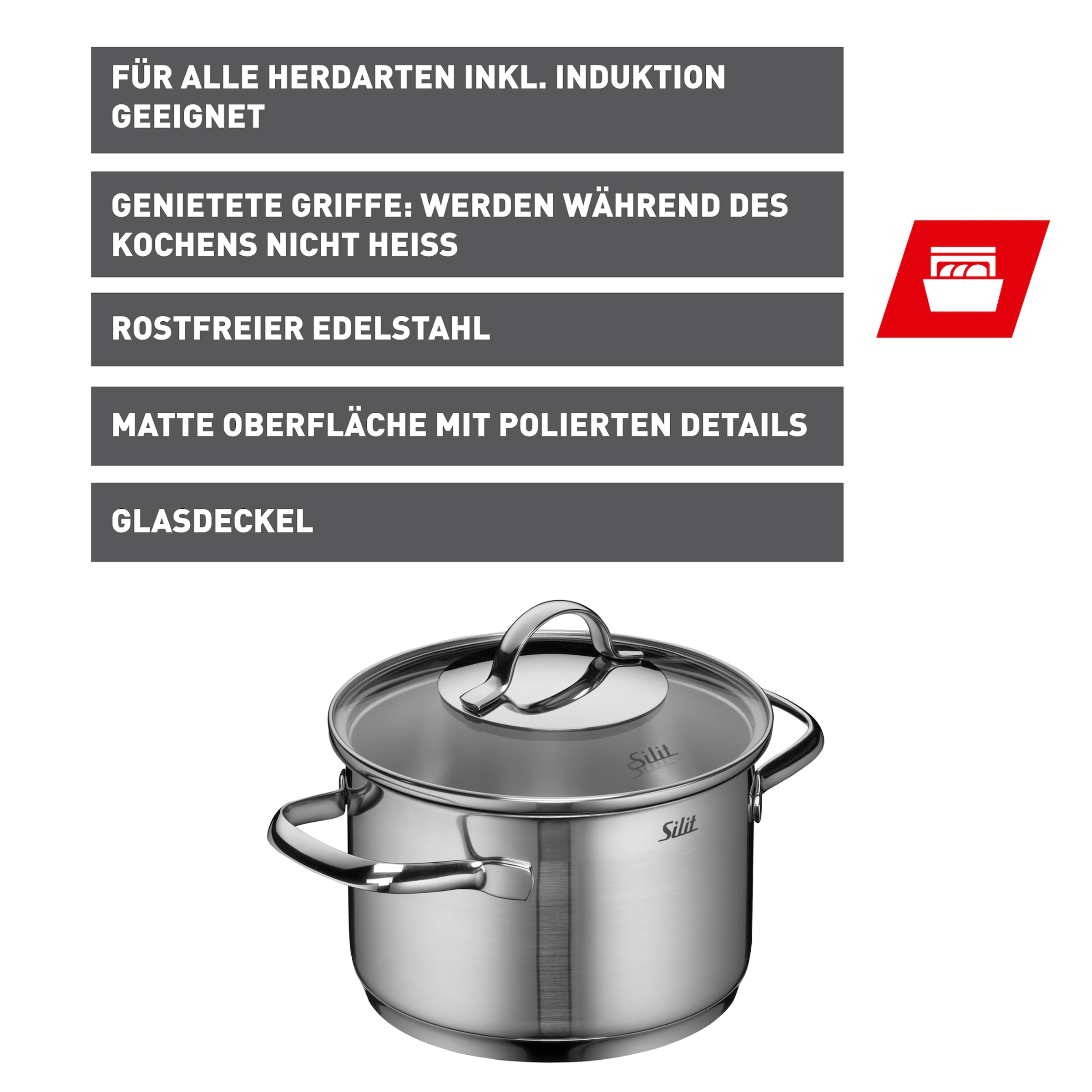 Silit Kochtopf »Achat«, Edelstahl 18/10, (2 tlg.), rostfrei, Silitherm-Allherdboden, induktionsgeeignet