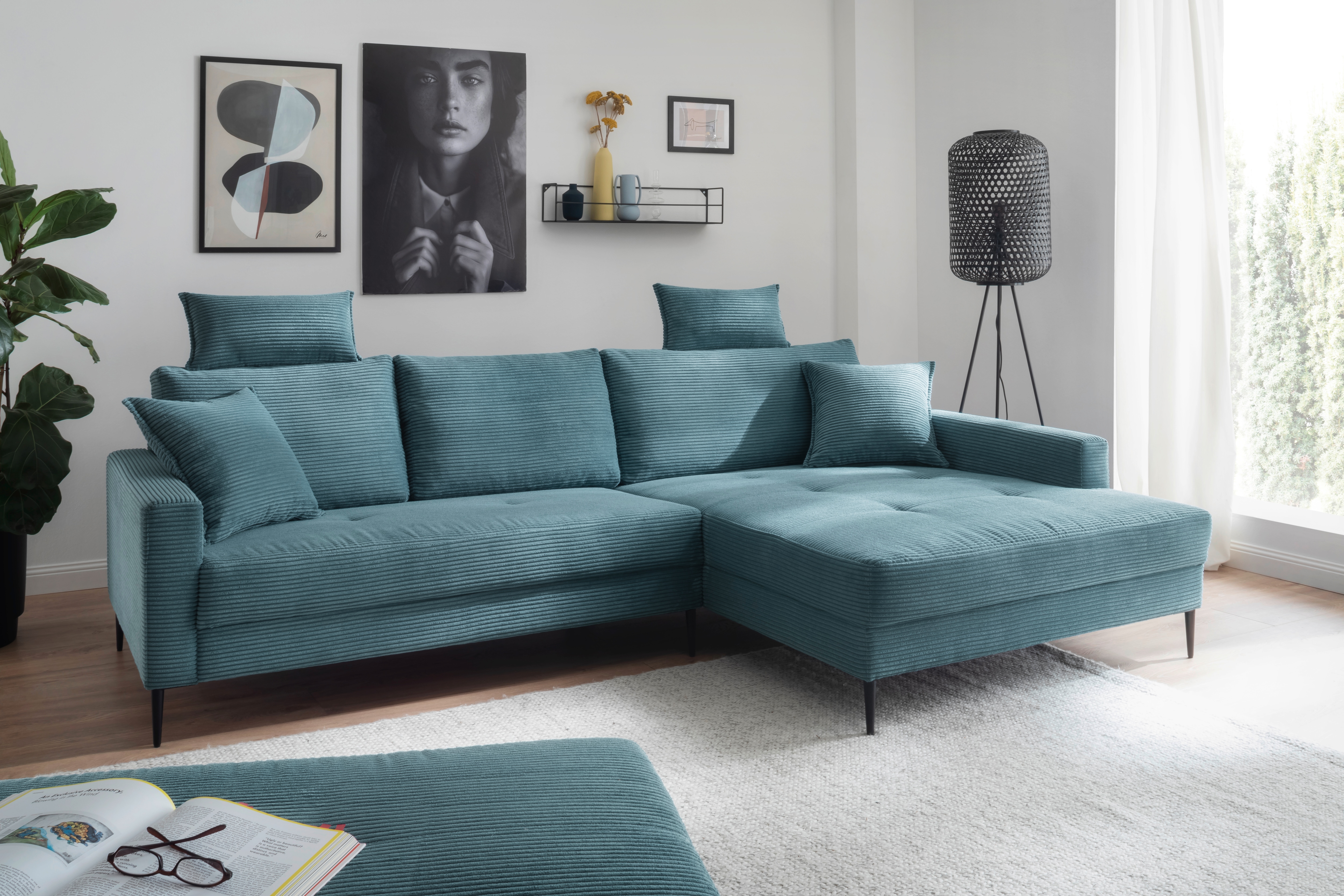 OTTO home Ecksofa "Summer L-Form, B: 280cm, in Cord & Struktur" wahlweise mit Kopfstützen, schwarze Metallfüße
