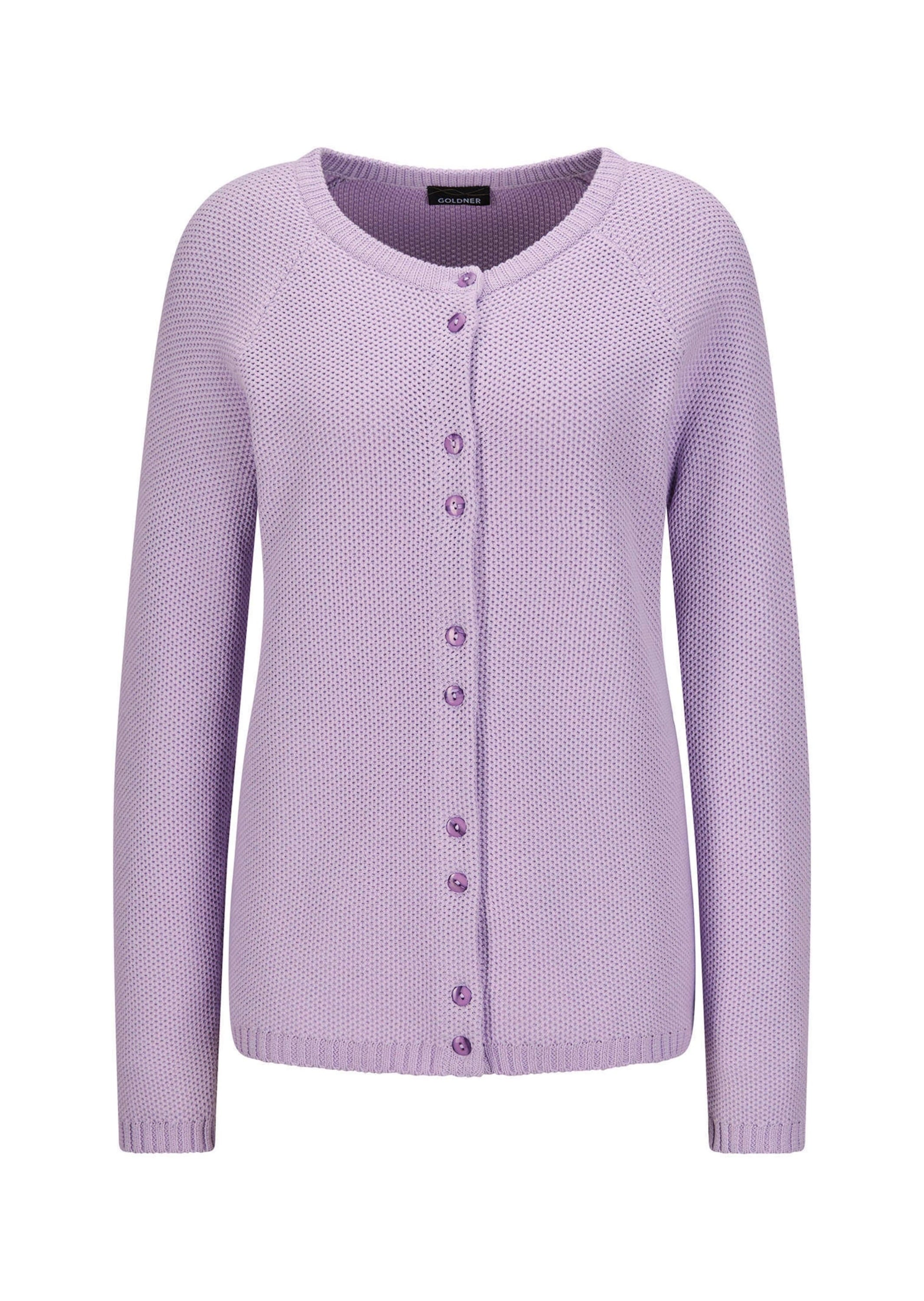 Strickjacke GOLDNER "Kurzgröße Cardigan aus Baumwolle, Rundhals", Damen, Gr. 24, lila (flieder), Obermaterial: 100% Baumwolle CO., Modisch, Strickjacken Strickjacke, Piqué-Optik