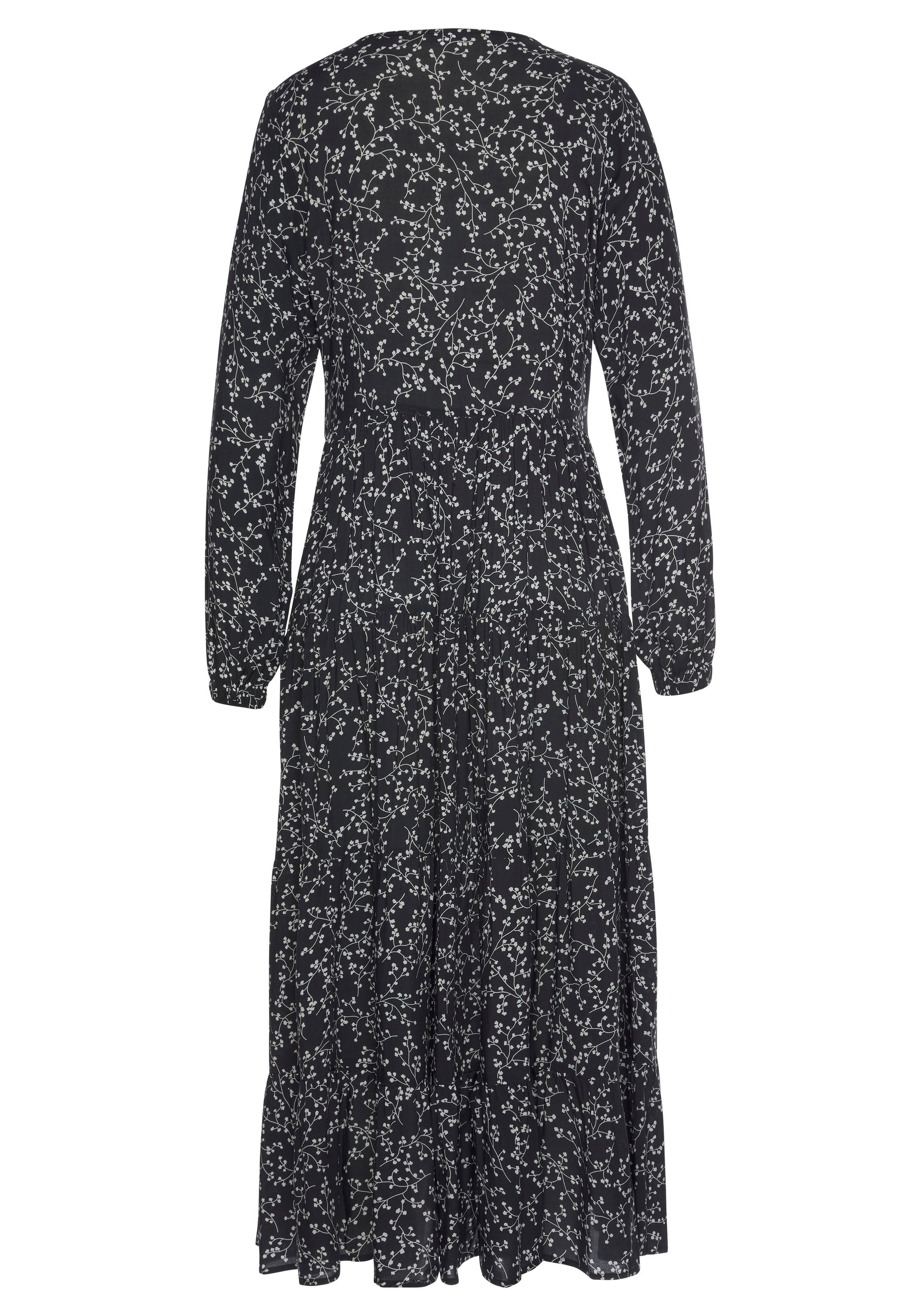 Maxikleid LASCANA, Damen, Gr. 40, N-Gr, beige (schwarz, creme, bedruckt), Web, Obermaterial: 100% Viskose, bedruckt, geblümt, figurumspielend knöchelfrei, V-Ausschnitt, mit Gummizug, Kleider Maxikleid, mit Blumenprint und Volants, locker bequemer Look, To 3