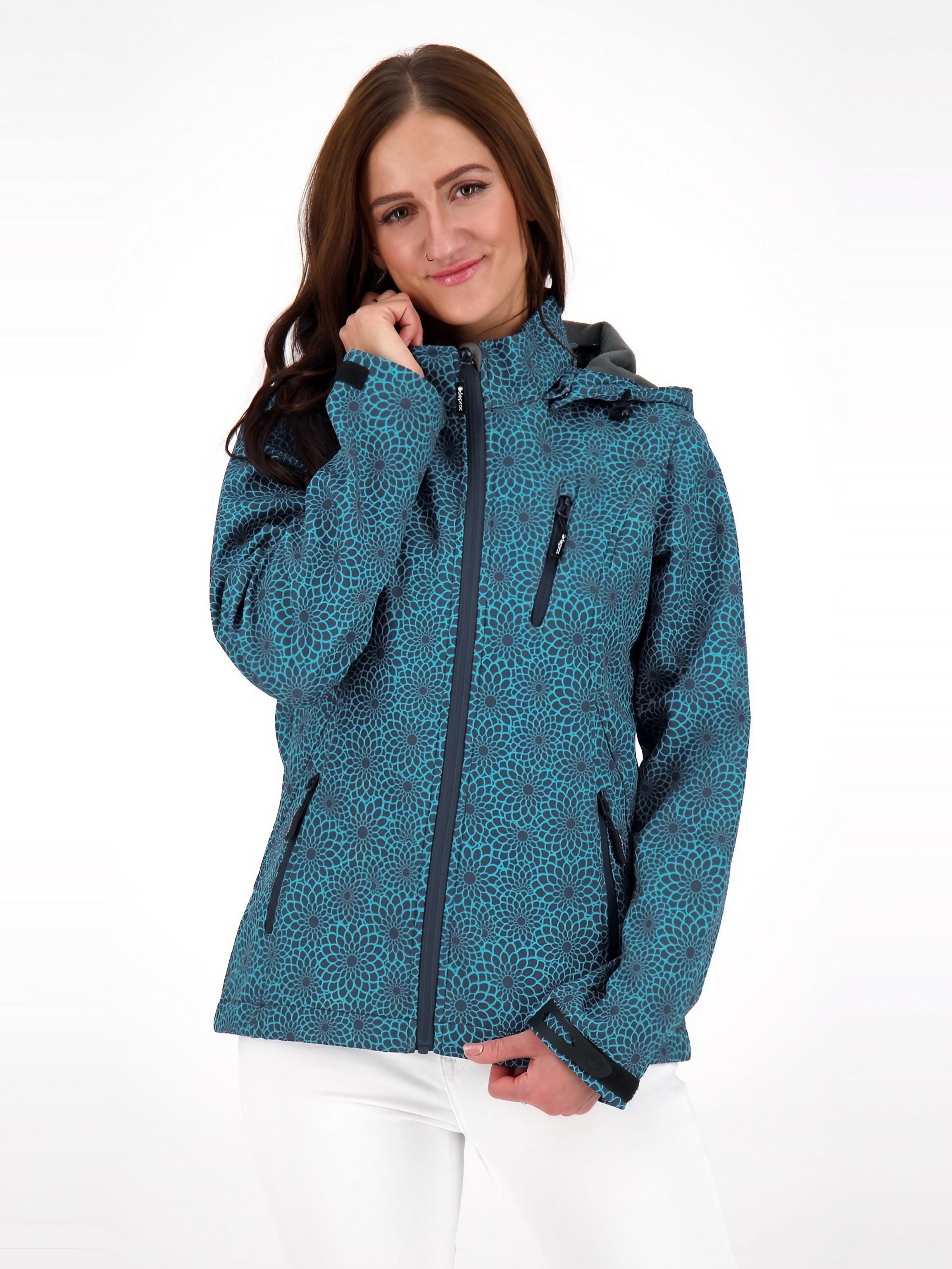 DEPROC Active Funktionsjacke "SHELBY PEAK XII Outdoorjacke" mit Kapuze leichte Softshelljacke mit All-Over-Print und abnehmbarer Kapuze