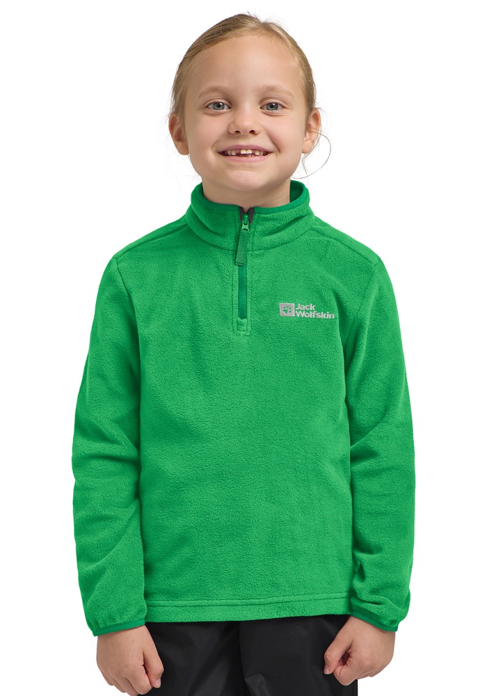 Stehkragenpullover JACK WOLFSKIN "TAUNUS HALFZIP K", Kinder, Gr. 128, grün (mystic grün), Fleece, Obermaterial: 100% Polyester, Pullover Stehkragenpullover, einfache Temperaturregulierung, wärmend, für Kinder