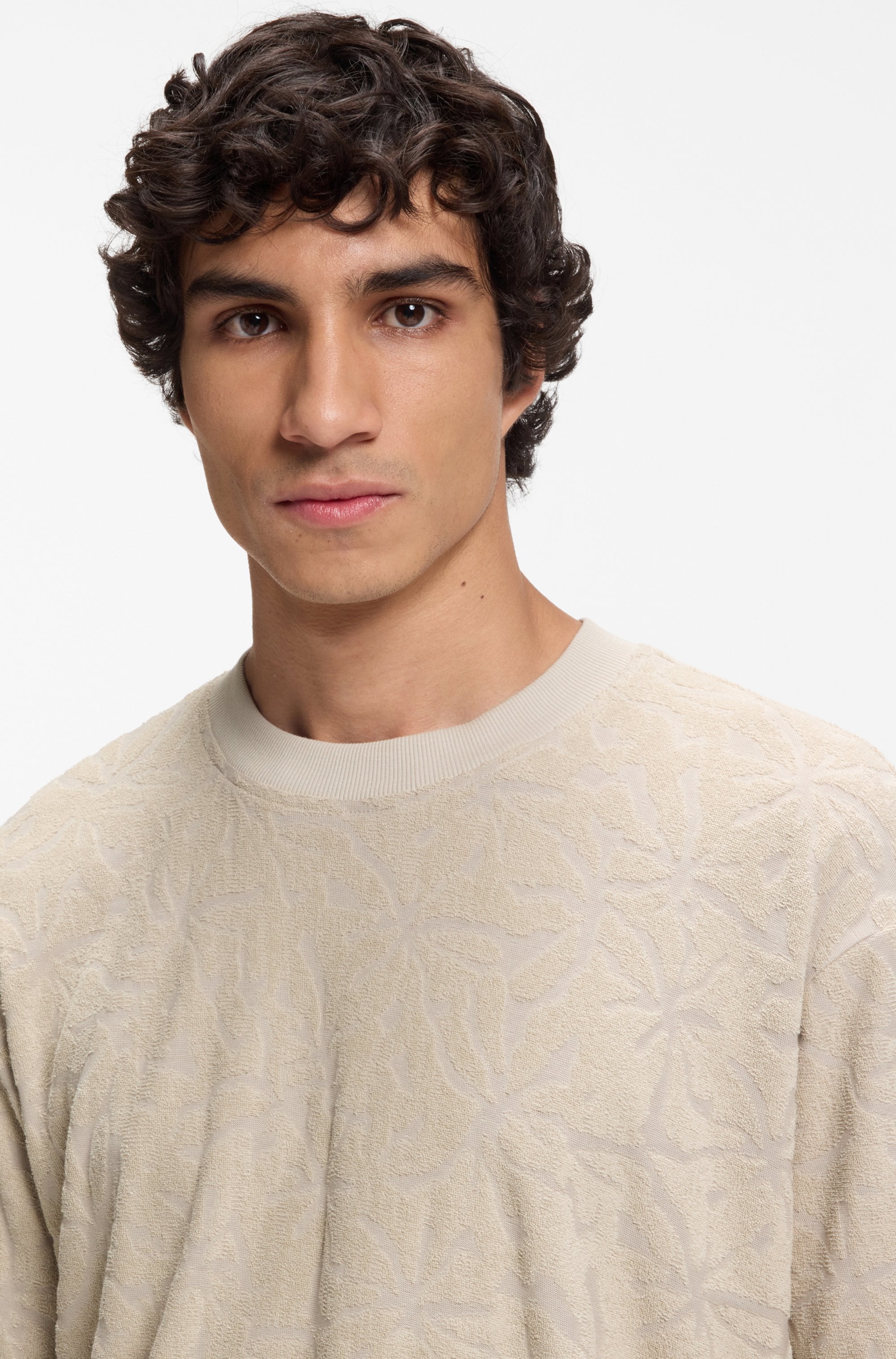 BOSS ORANGE T-Shirt florales Jacquardmuster, Baumwollfrottee, Relaxed Fit