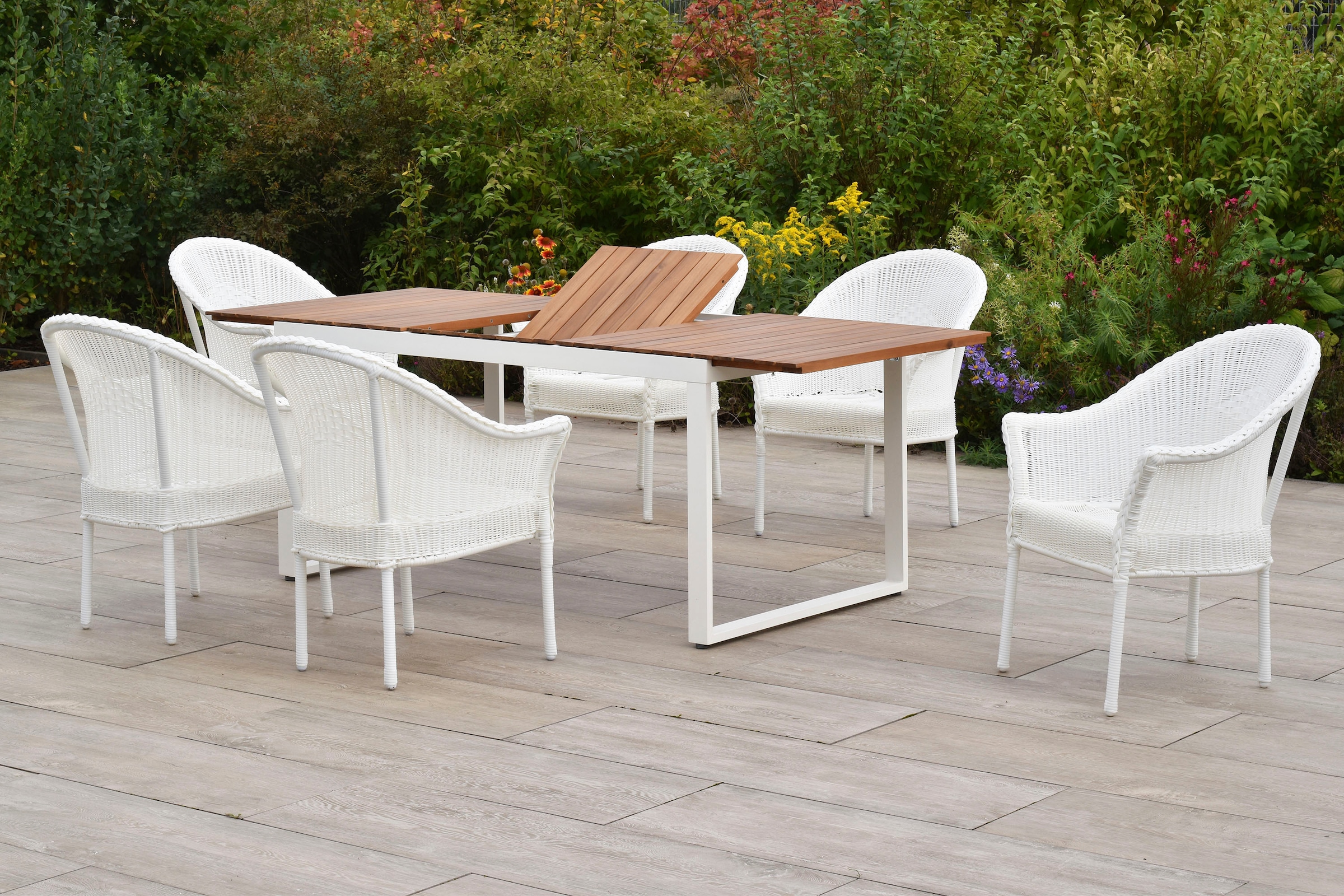 MERXX Garten-Essgruppe »Bamberg« Set, 7 tlg. inkl. 6 Stapelsessel, 1 Ausziehtisch