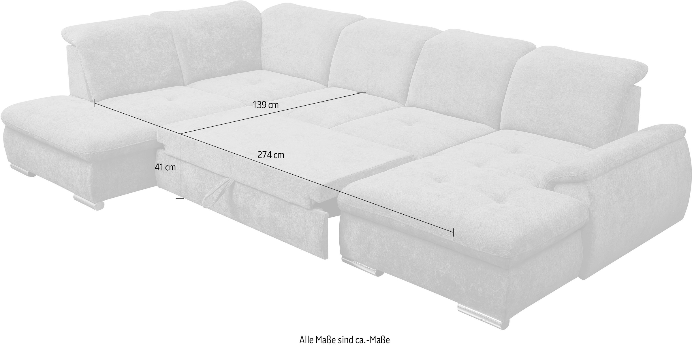 WERK2 Wohnlandschaft »Pula Bett & Bettkasten, Kopfteil- & Sitztiefenverstellung, bequem« U-Form, XXL, Schlaffunktion, Bettkasten, verstellbare Kopfteile