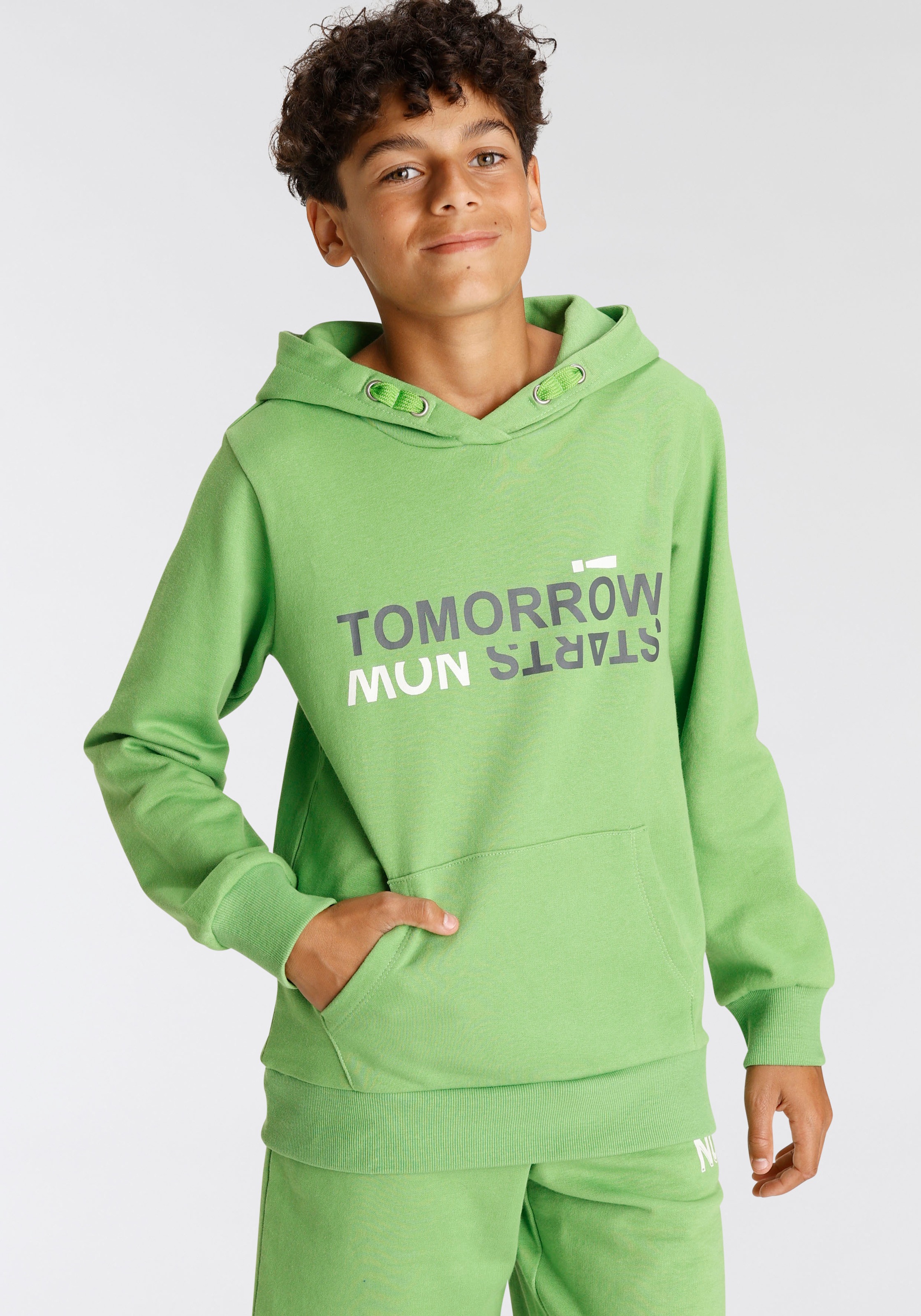 KIDSWORLD kaufen BAUR »TOMORROW online Kapuzensweatshirt STARTS NOW!«, | Spruch