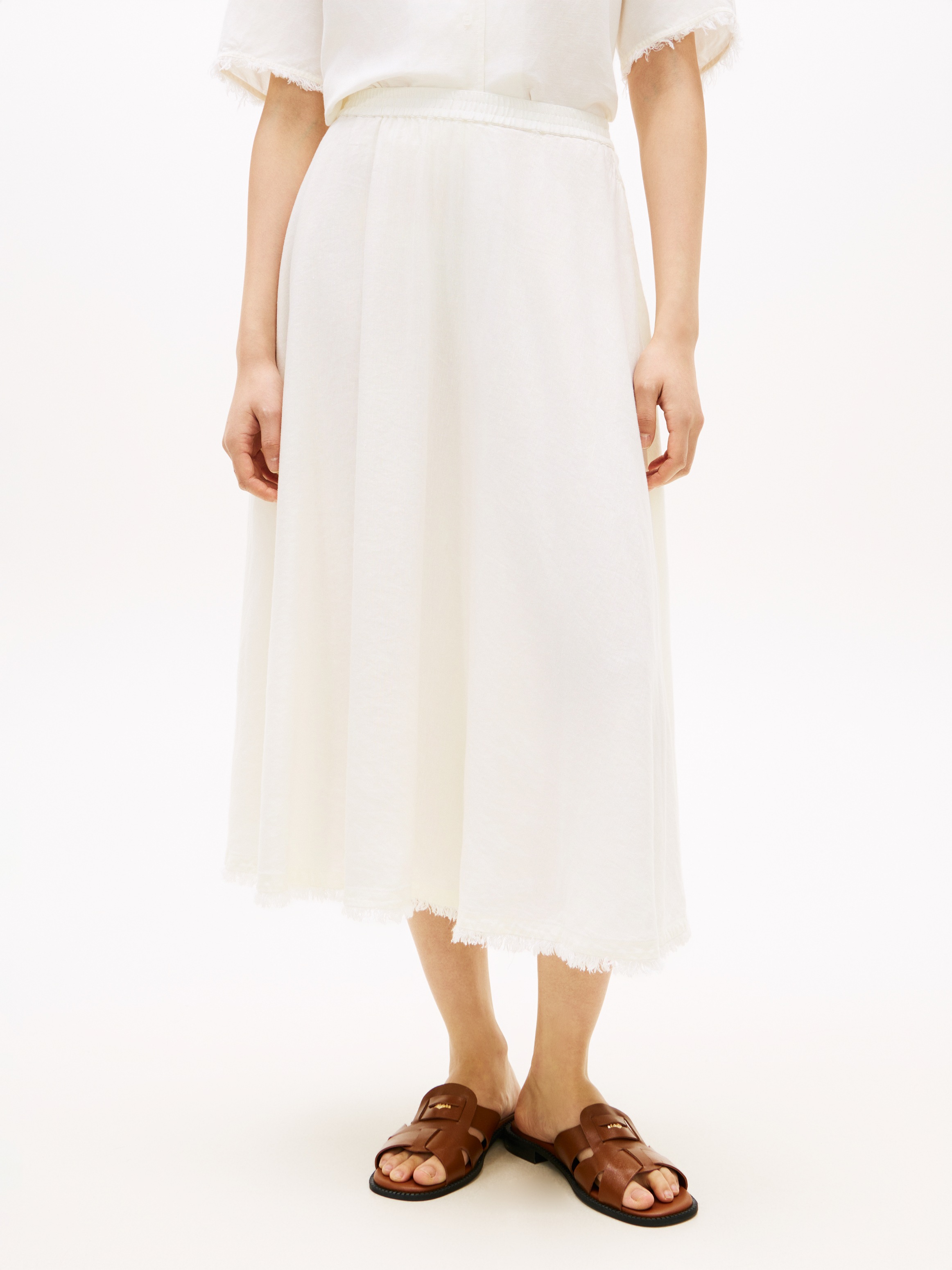 "A-Linien-Rock TOMMY HILFIGER ""VIS/LINEN VOLUME MIDI SKIRT"", Damen, Gr. S (36/38), ivory silk, Web, Obermaterial: 53% Leinen, 47% Viskose
