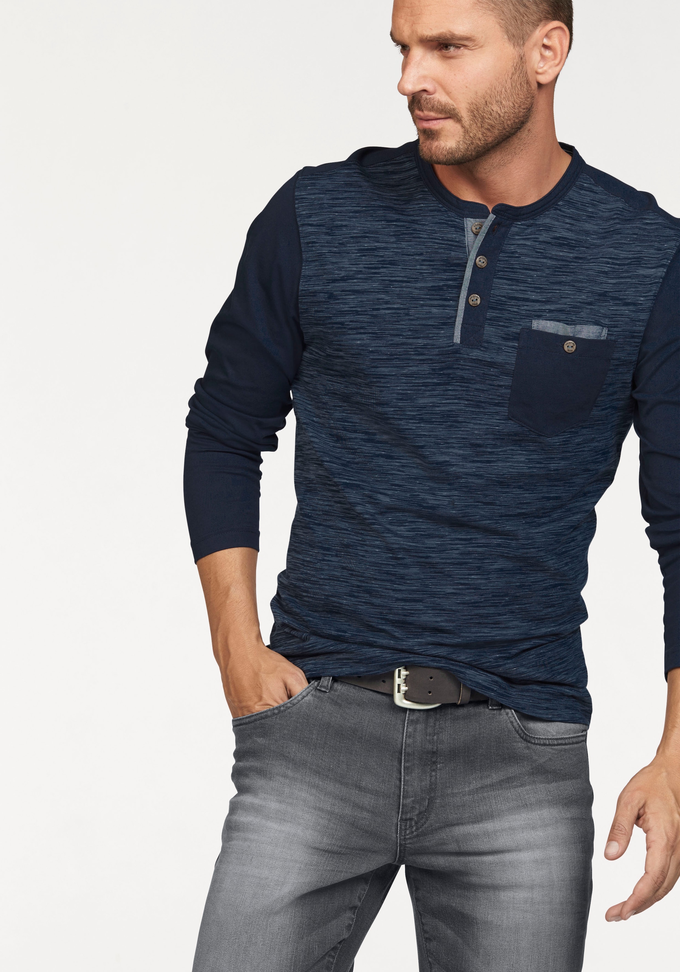 Arizona Longsleeve Langarm, melierte Optik, Rundhalsausschnitt mit Knopfleiste