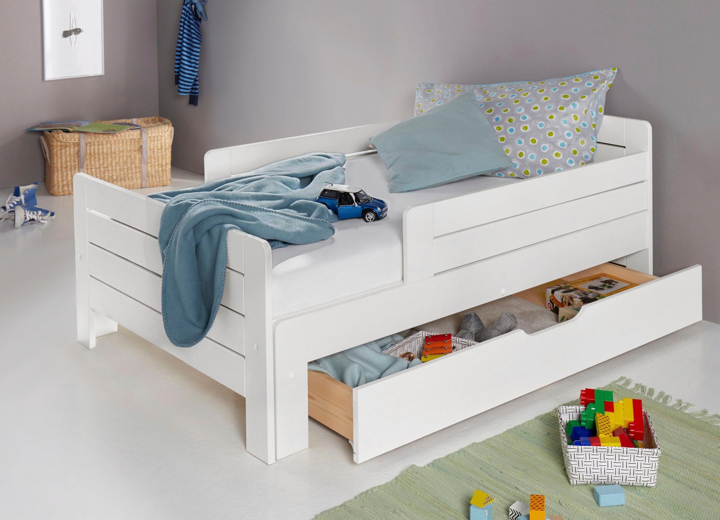 Lüttenhütt Funktionsbett ""LOTTE " Bestseller Kinderbett mit Rausfallschutz, Schublade optional", (ausziehbar von 140cm-