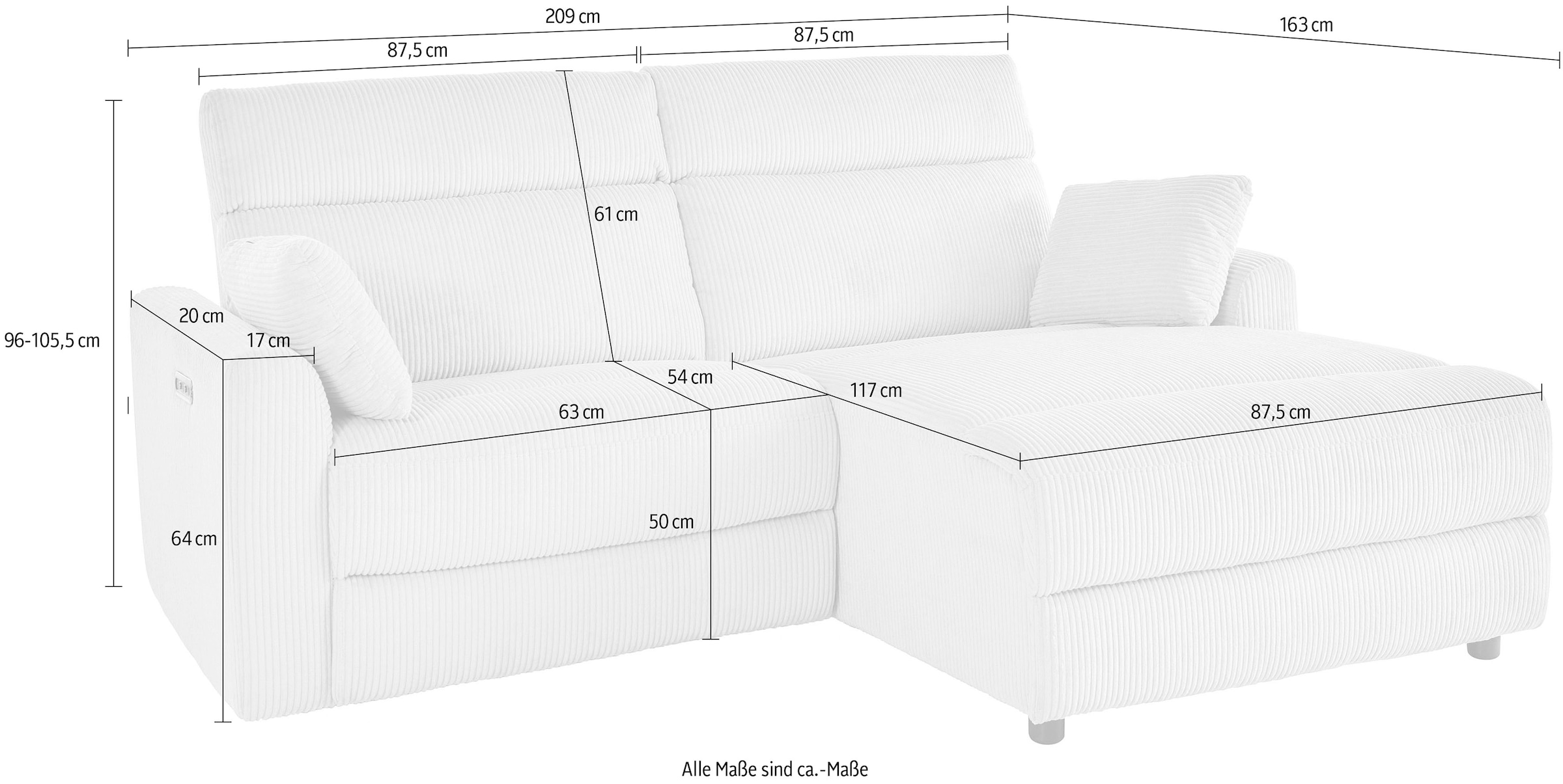 INOSIGN Ecksofa »JENNA, L-Form, 209cm, manuelle u. elektrische Funktion, mit USB A/C,«, Liegefunktion 105°-150°, Federkern, Struktur fein