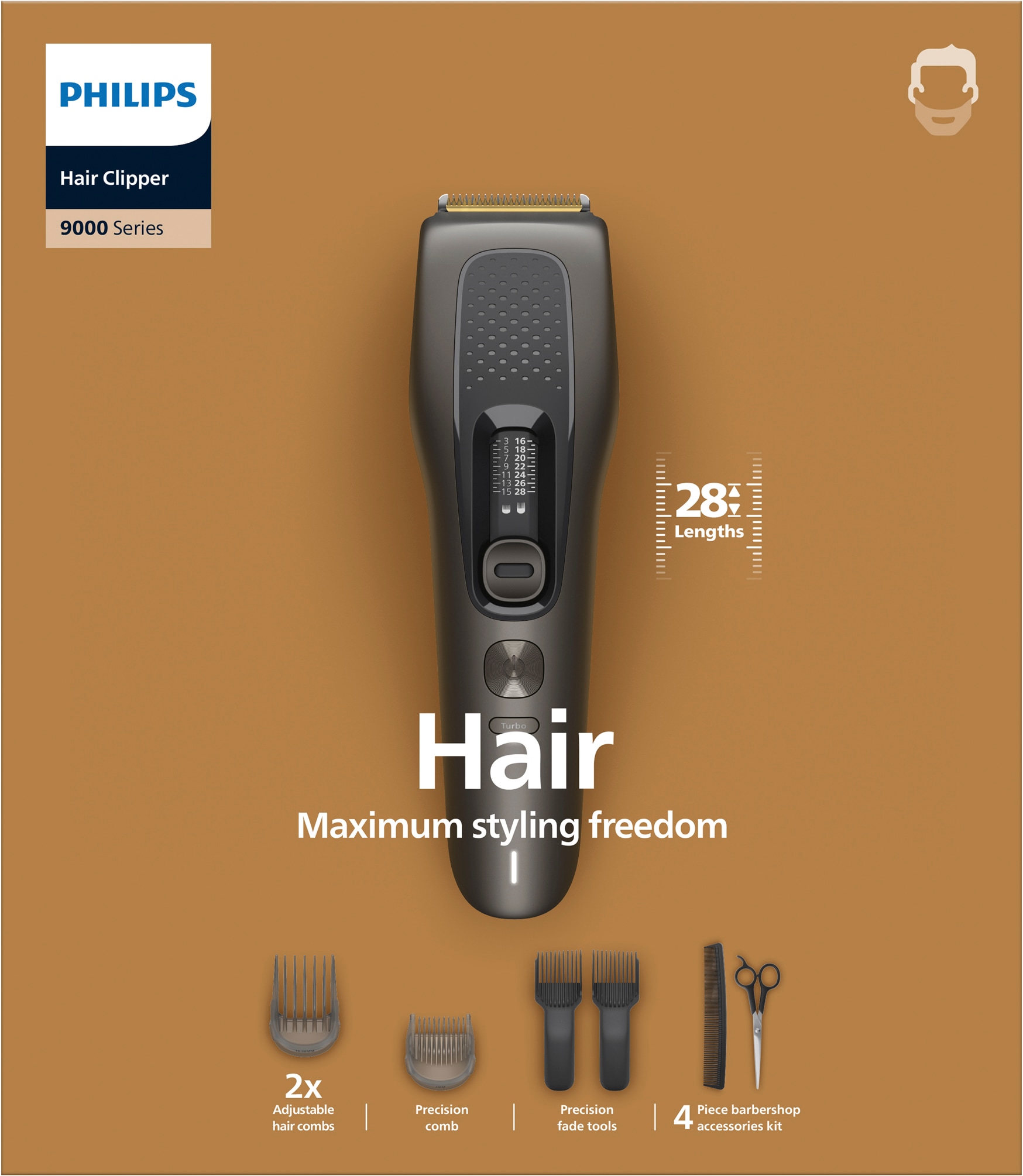 Philips "Serie 9000 HC9722/15" 3 Aufsätze 28 Längeneinstellungen, Precision Fade Tools und Turbo Modus