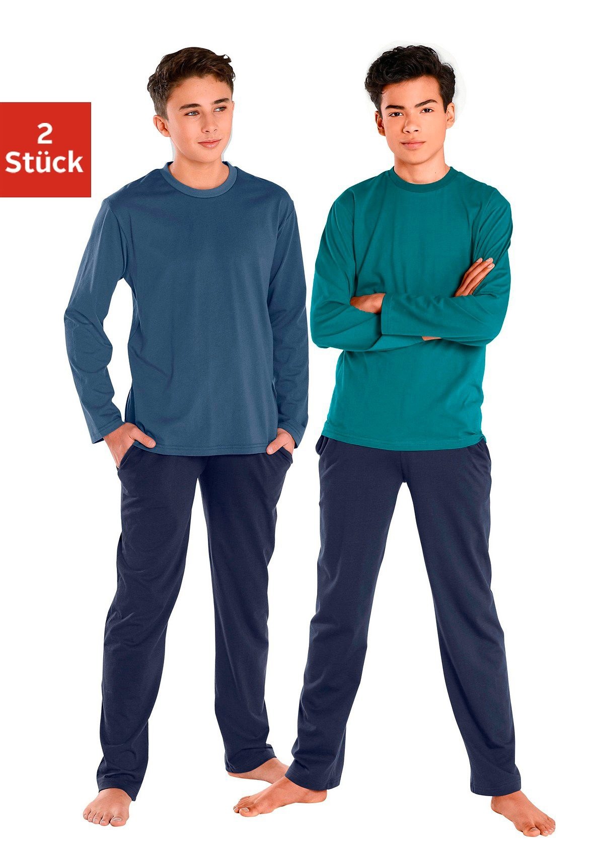 AUTHENTIC LE JOGGER Pyjama 4 tlg. langer Schlafanzug, unifarben, aus Baumwolle