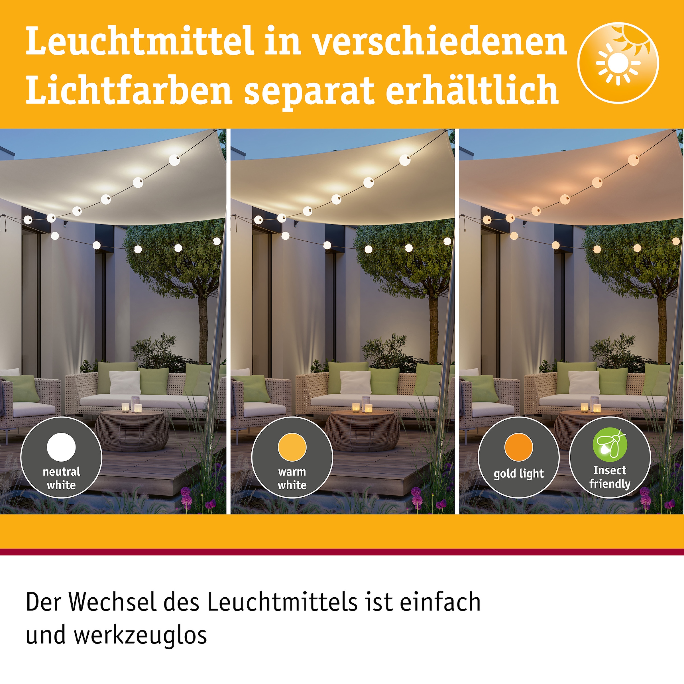 Paulmann LED-Lichterkette »Naima IP67 3000K 1,71m 3x60lm Schwarz« 3 Stk.-flammig spritzwassergeschützt