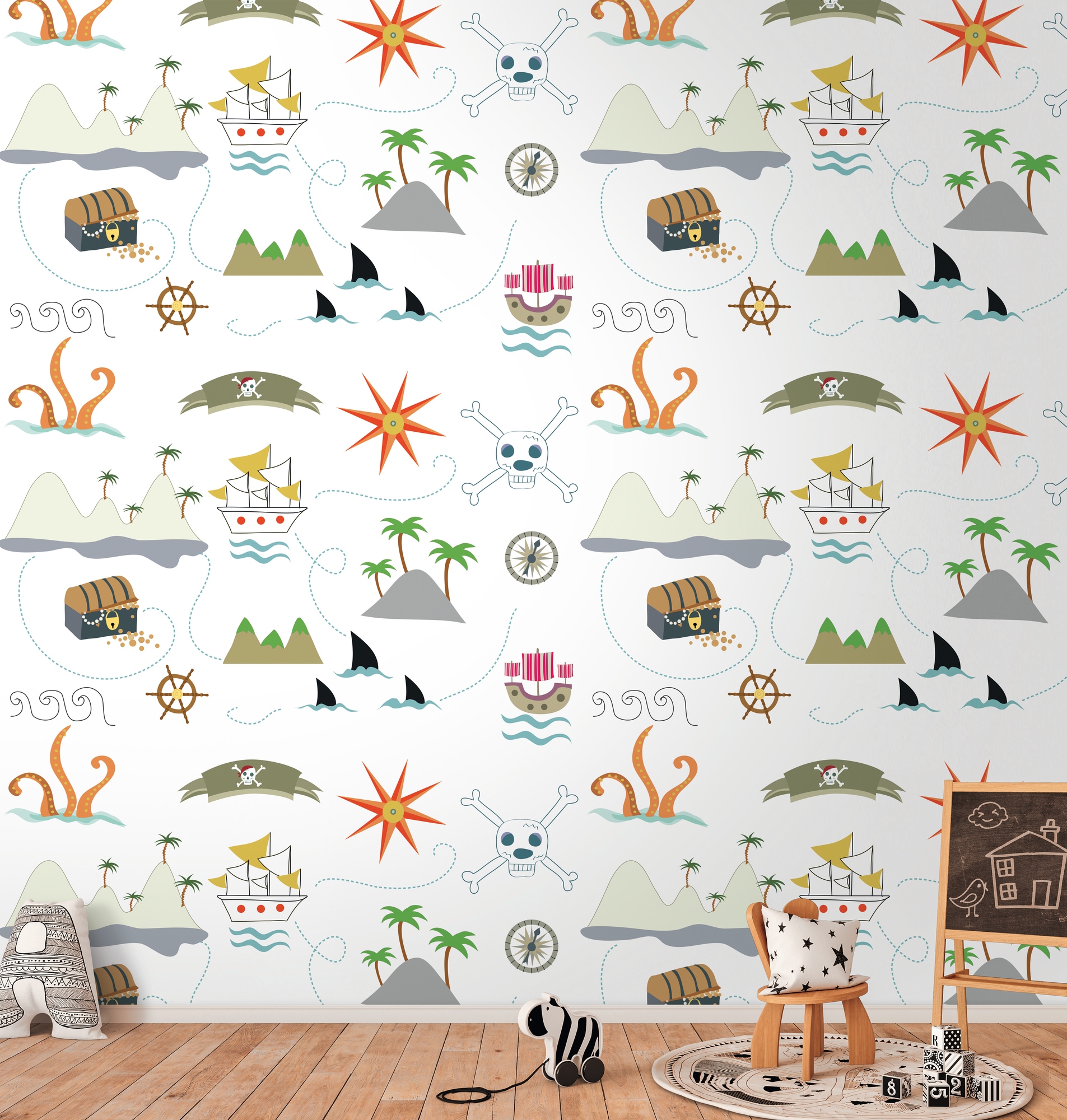 living walls Fototapete "Kinderzimmertapete Piraten" gemustert matt neutral glatt Fototapete Jungenzimmer Tapeten Kinderzimmer Schlafzimmer Design Optik