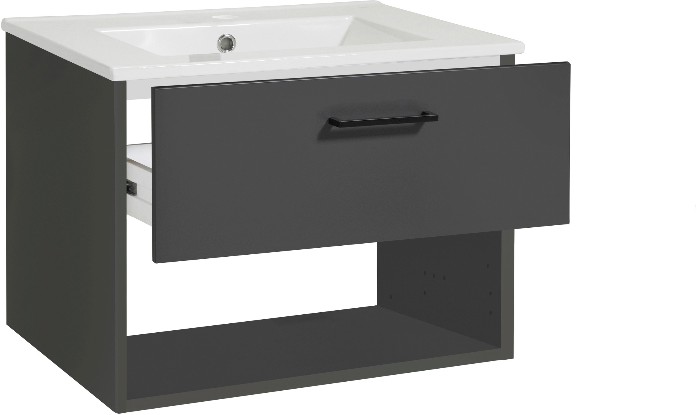 welltime Waschtisch »Trento Light mit Keramik-Auflagebecken«, 1 Auzug und 1 offenes Fach, Breite. 61cm, Anthrazit Matt